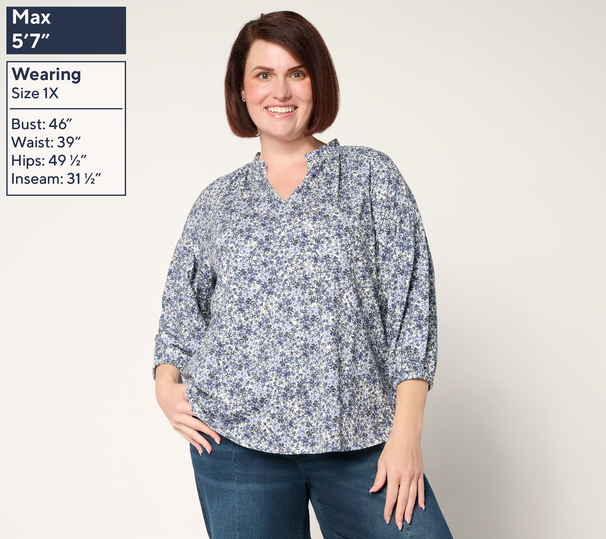 Ree by The Pioneer Woman Printed Ruffle Neck Blouson Knit Top