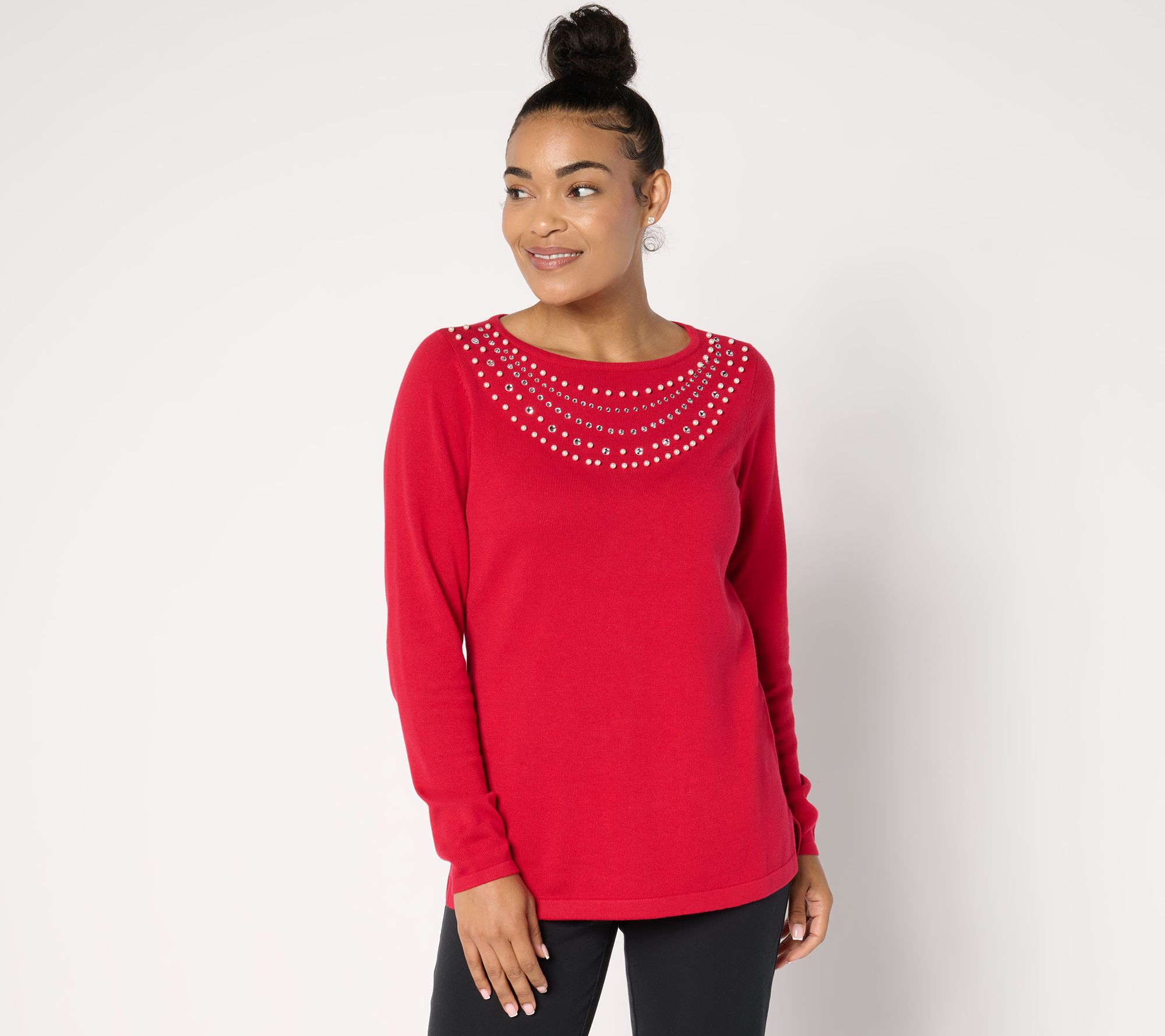 Quacker Factory Pearl and Rhinestone Necklace Long Sleeve Sweater