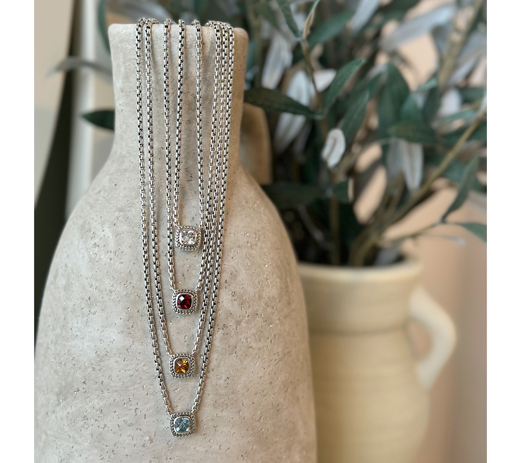 JAI Sterling Silver Gemstone Station 2.7mm Box Chain Necklace