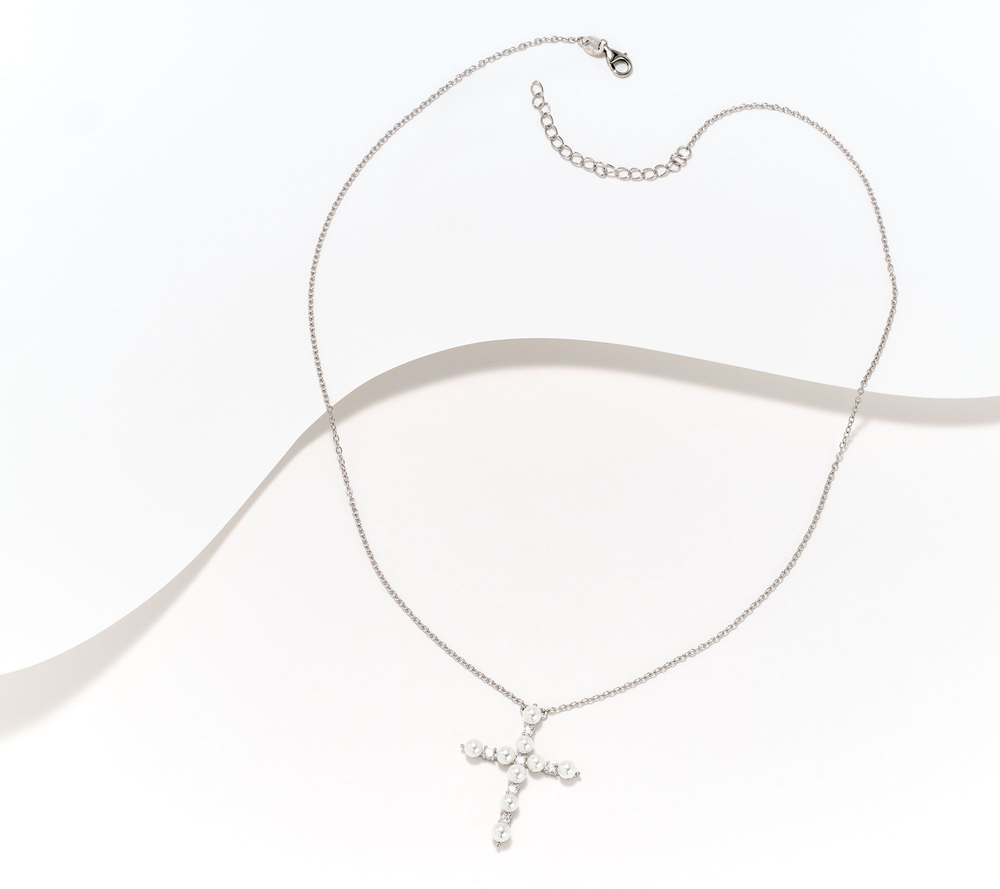 Diamonique Simulated Pearl Cross Necklace, Sterling Silver