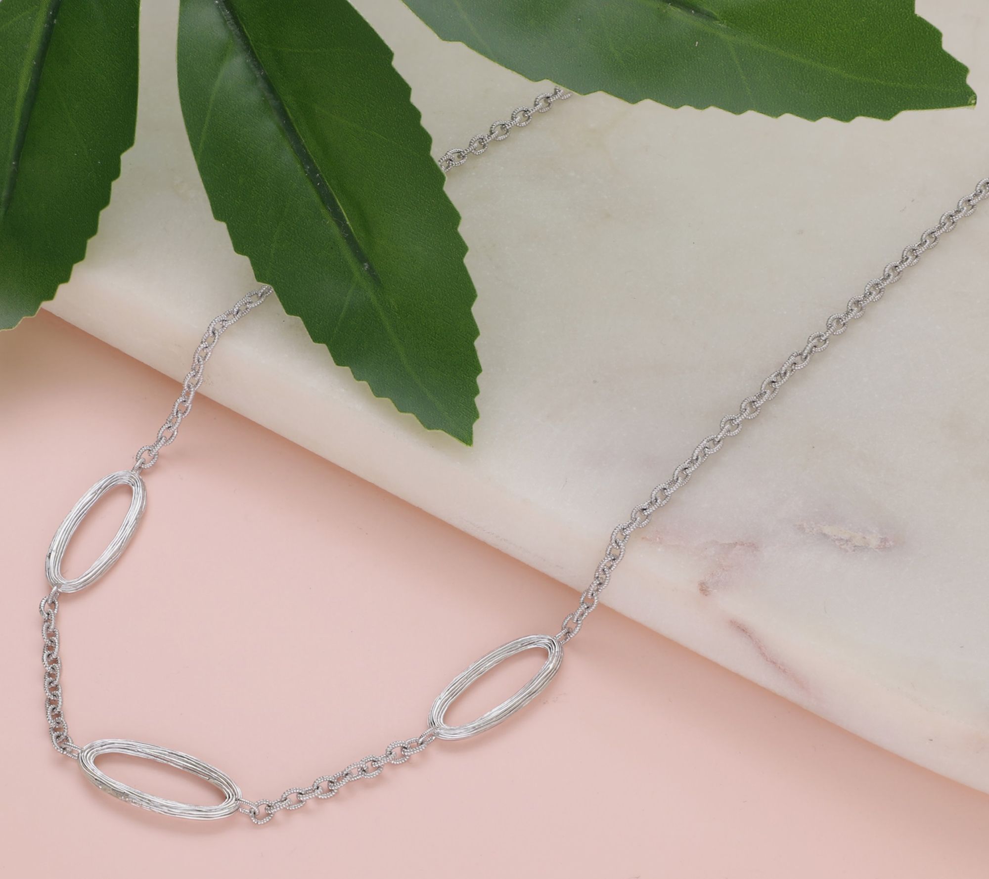 Ariva Sterling Silver Silk Textured Oval Station Necklace