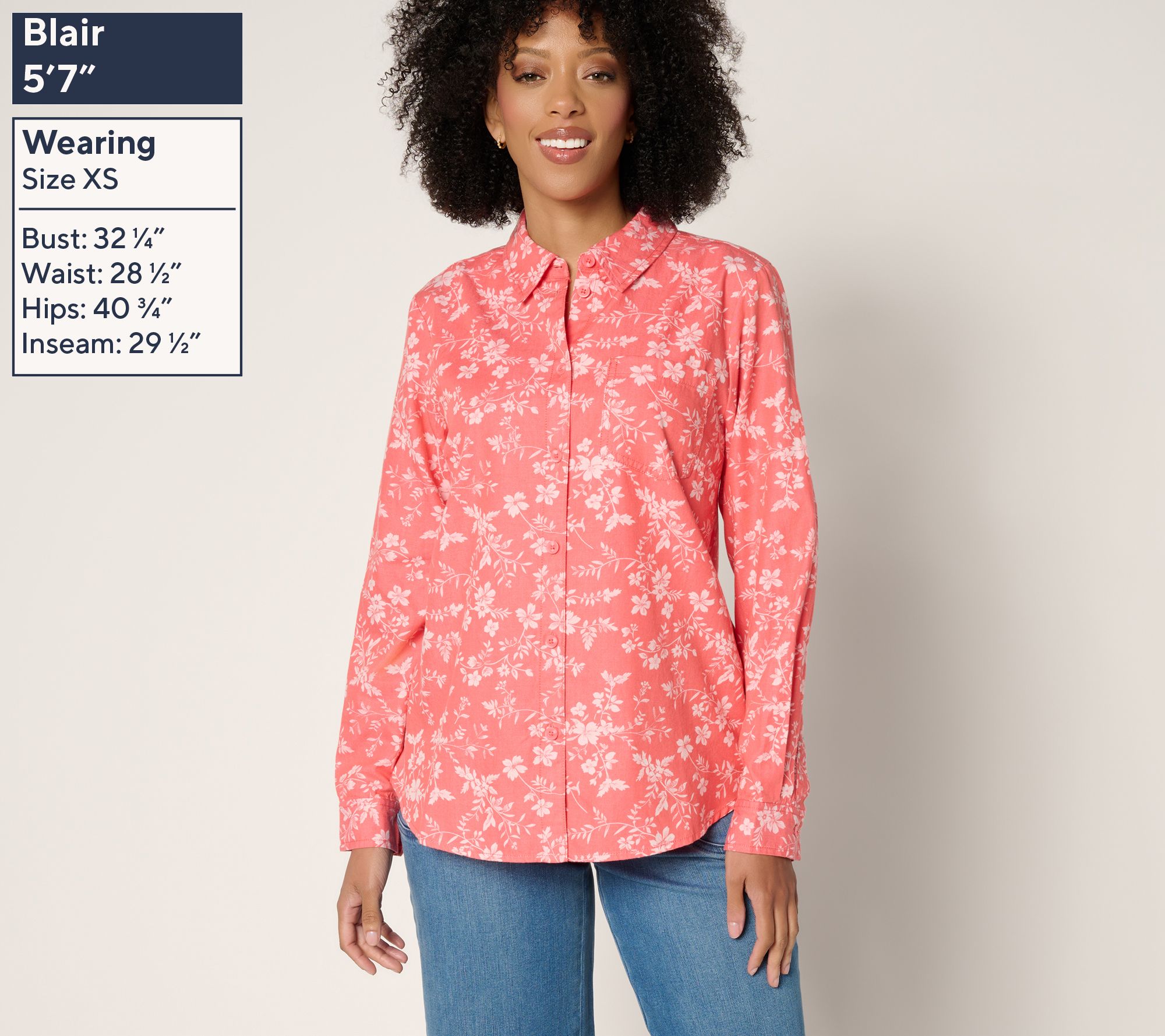 Joan Rivers Cotton Chambray Floral Classic Button Front Shirt