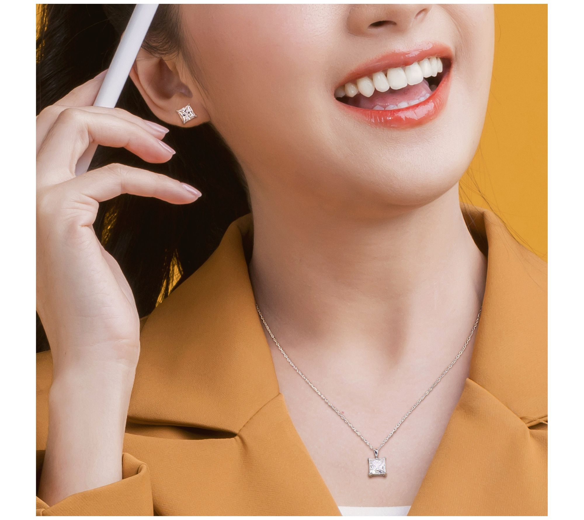 MoissanIce Moissanite Square Earrings & Necklace Set, Sterling