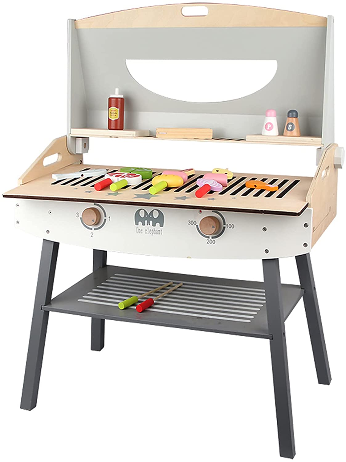 KIDS TOYLAND Wooden Pretend Barbecue Grill Play Set, Play Kitchen Set Cooking Gift for Girls and Boys - Best for 3 4 5 Year Old Kids
