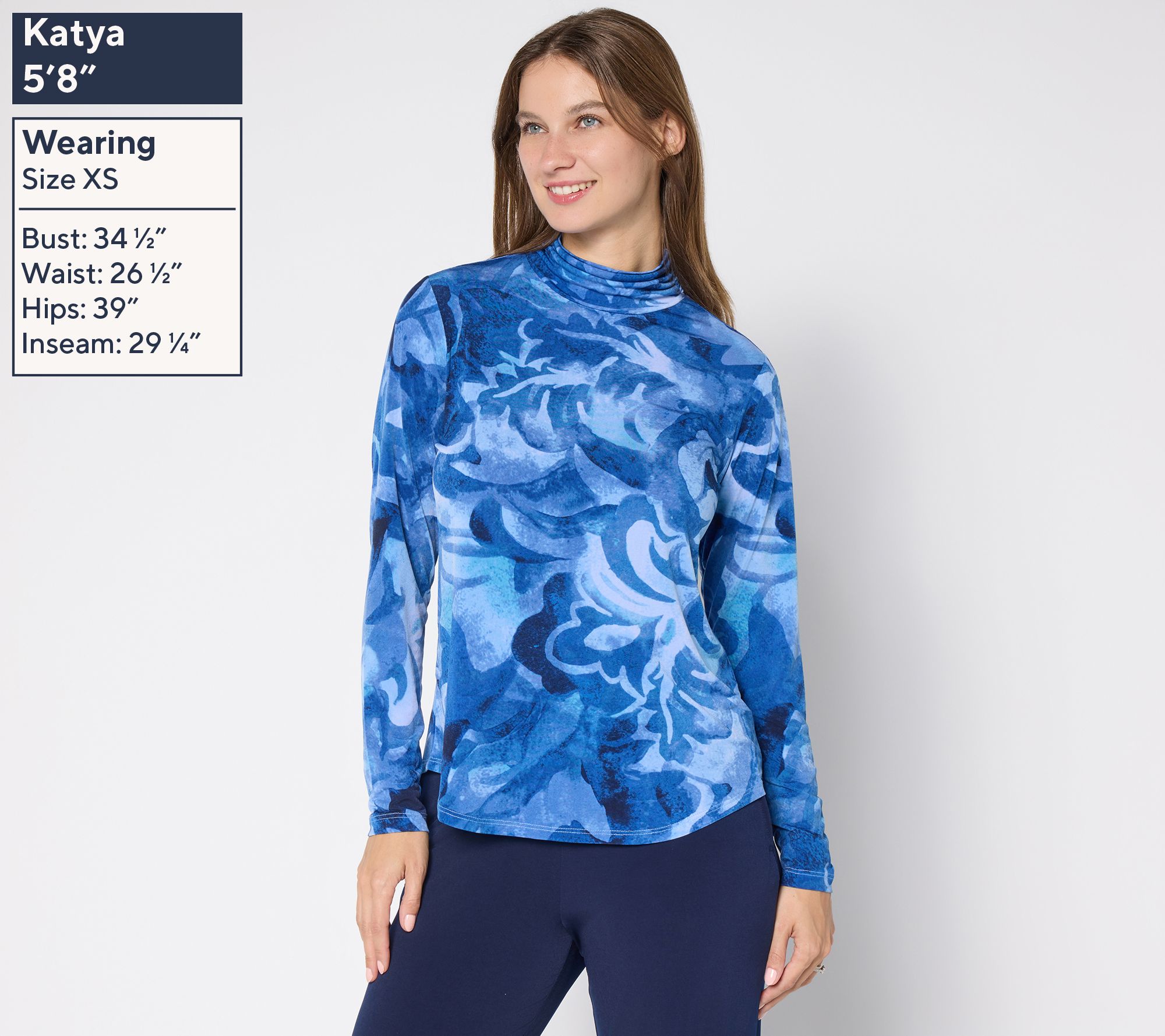 Susan Graver Printed Liquid Knit Ruched Mock Neck Top