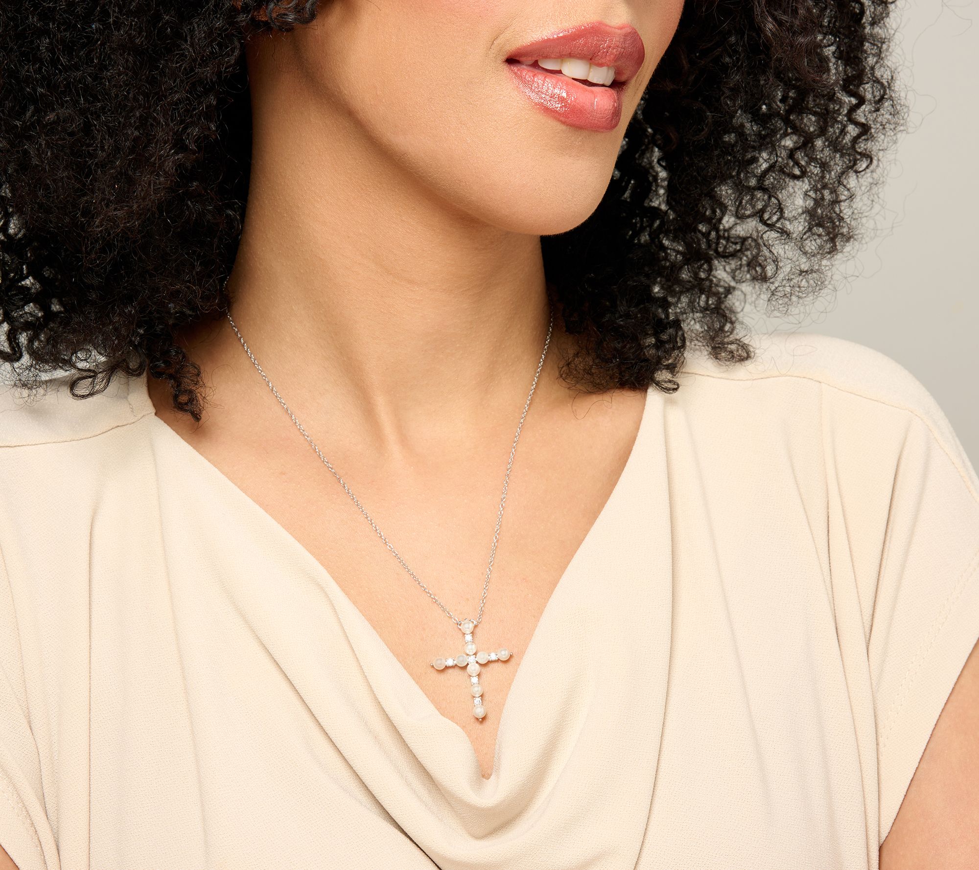 Diamonique Simulated Pearl Cross Necklace, Sterling Silver