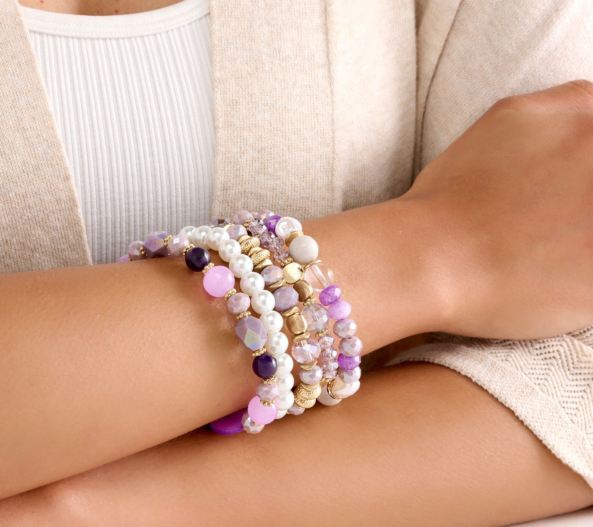 Susan Graver Set of 5 Simulated Pearl & Bead Bracelets