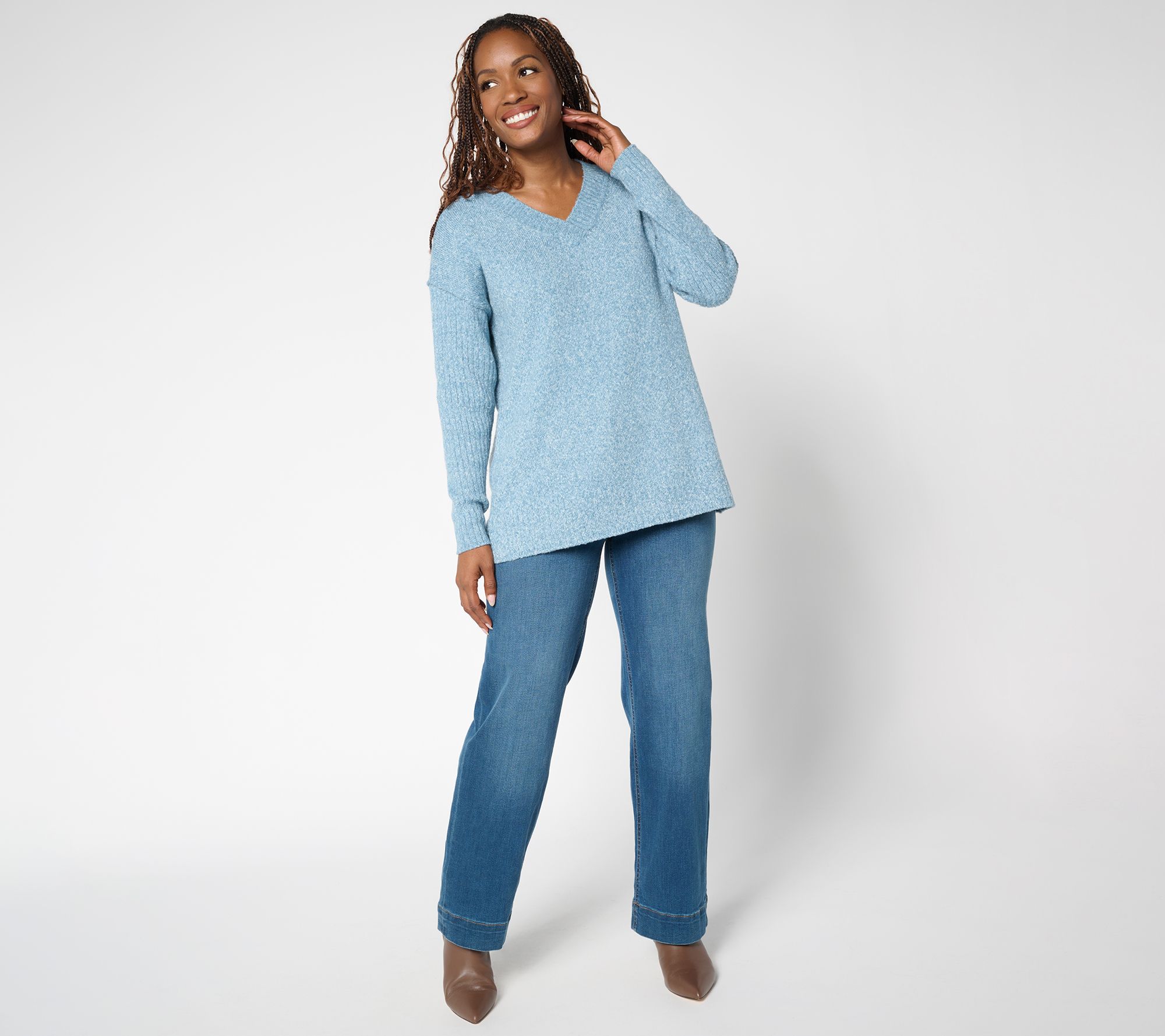 Belle by Kim Gravel Boyfriend Ribbed & Jersey V-Neck Sweater