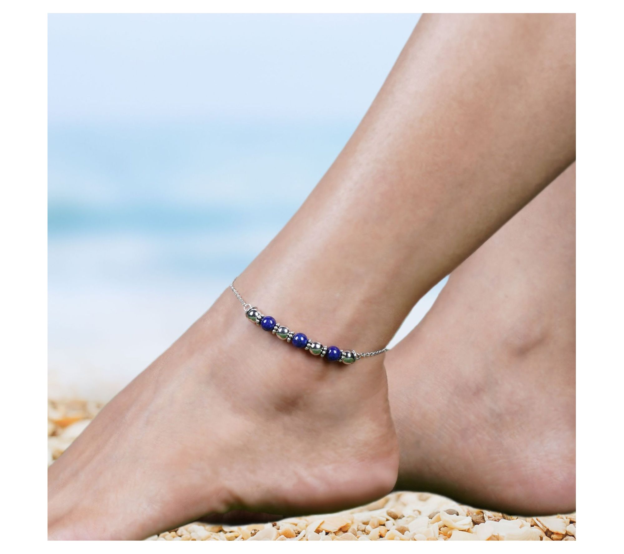 Ariva Sterling Silver Lapis Beaded Ankle Bracelet