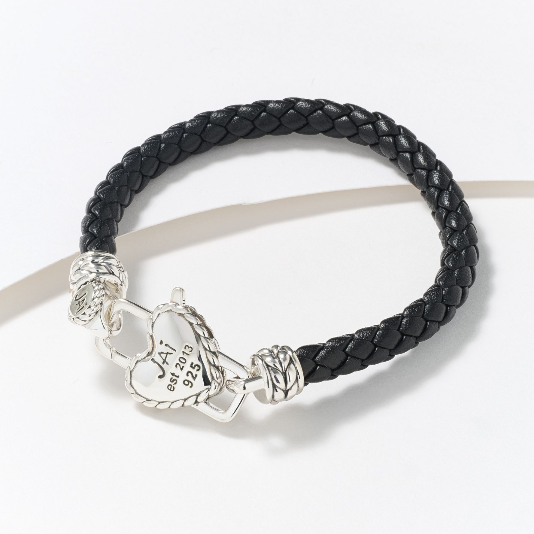 JAI Sterling Silver Heart Lock Leather Tag Bracelet, 10.0g
