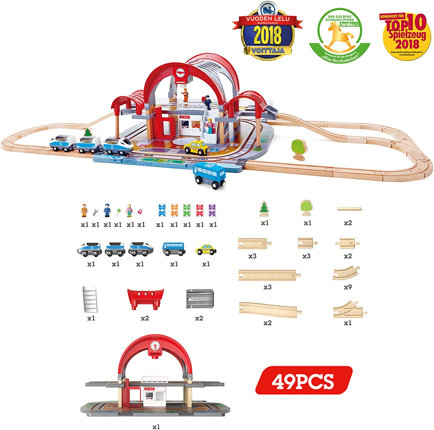 Hape Grand City Station with Light and Sound| 49 PCs Wooden Pretend Play Railway Set with Projector and Recorder for Kids