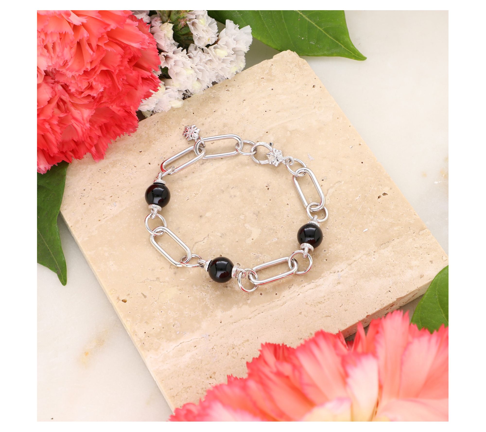 Ariva Sterling Silver Paperclip Link Gemstone Bead Bracelet