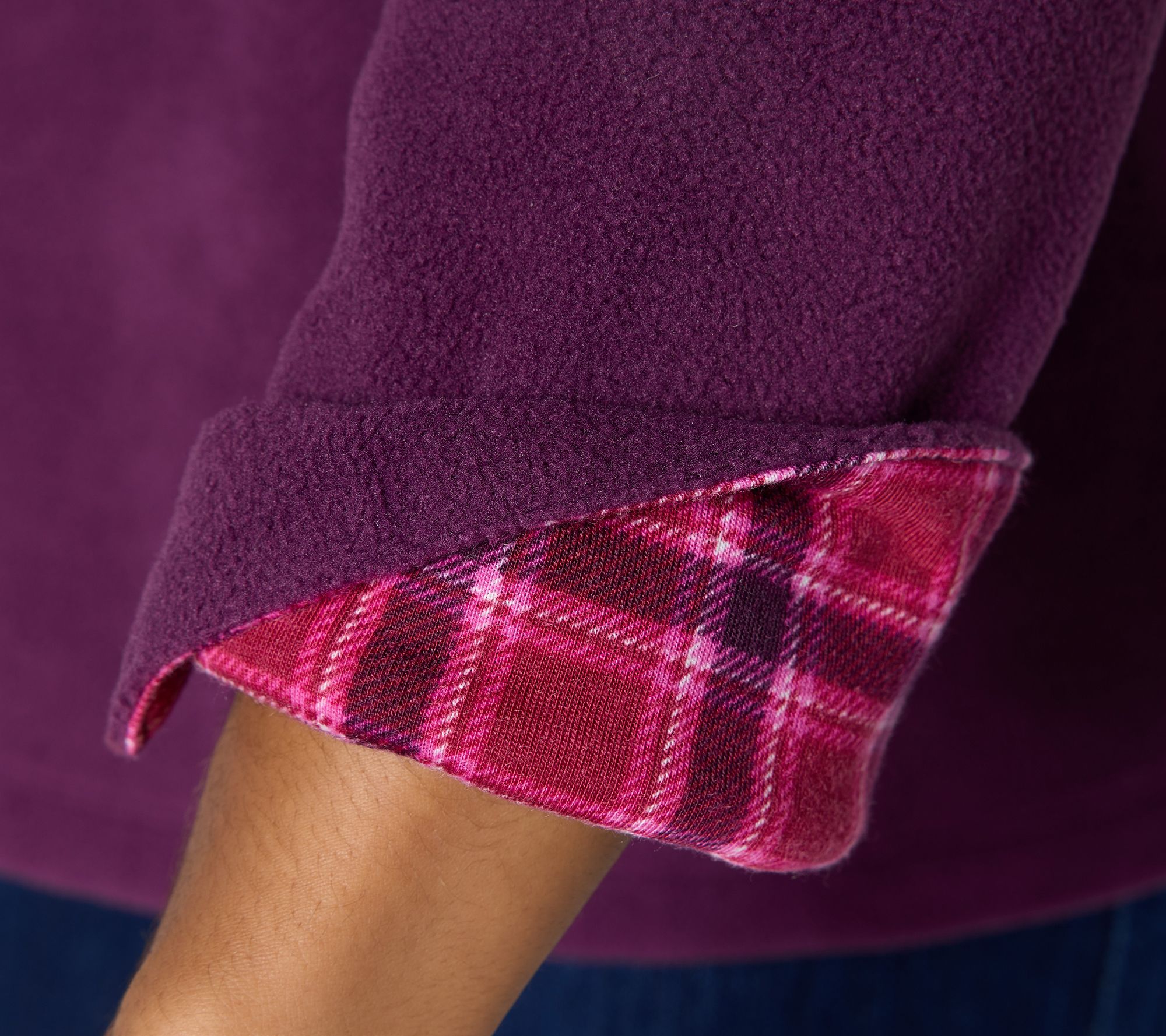 Denim & Co. Fleece Top with Plaid Accents