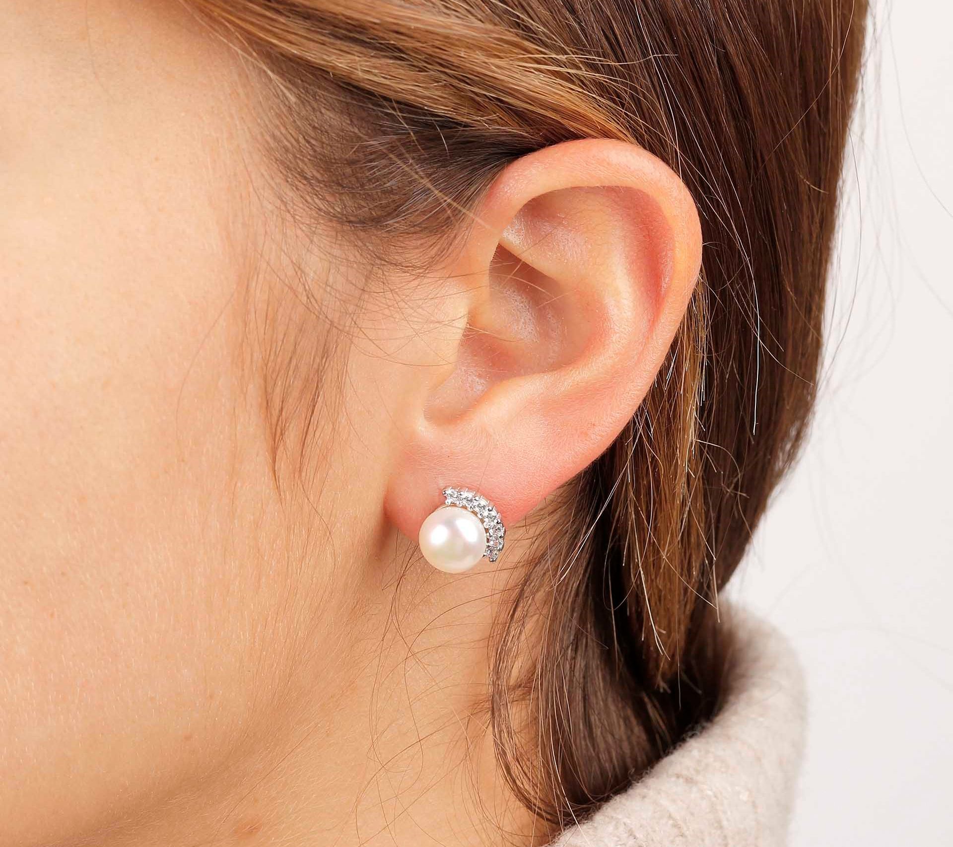 Diamonique for Honora Cultured Pearl Stud Earrings, Sterling