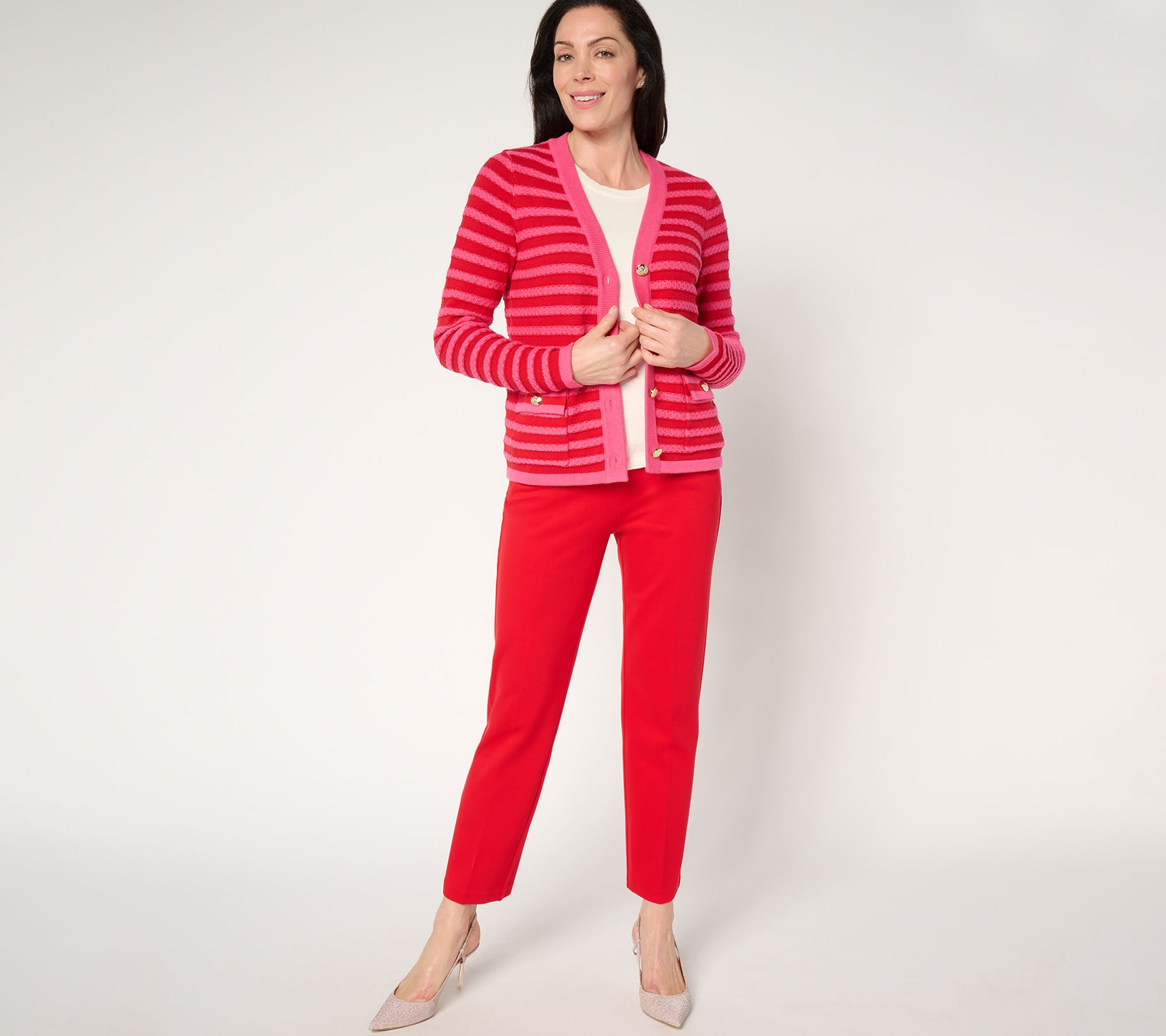 Isaac Mizrahi Live! Striped Button-Front Sweater Cardigan