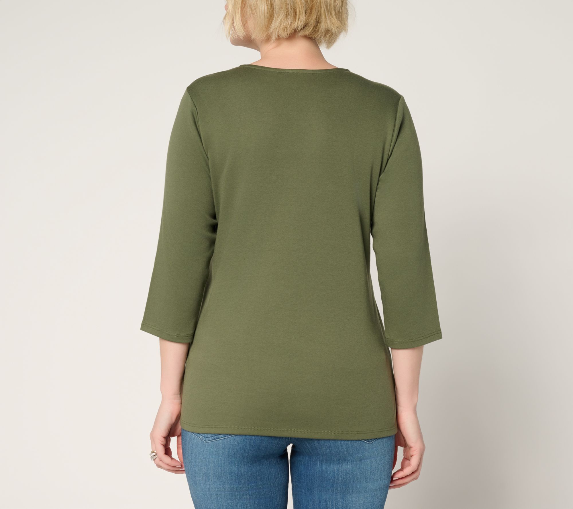 Quacker Factory Swirling Leaves Scalloped 3/4 Sleeve Top