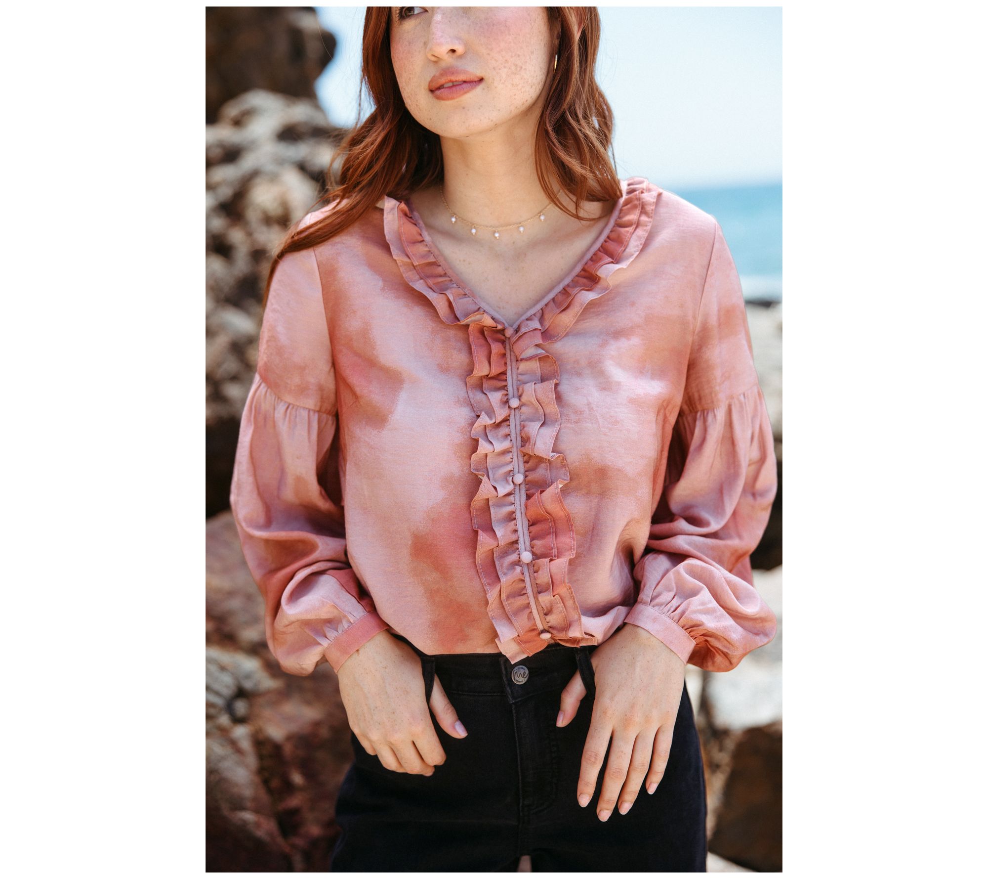 Me by Jennie Garth Bodie Printed Blouse with Ruffle Neckline