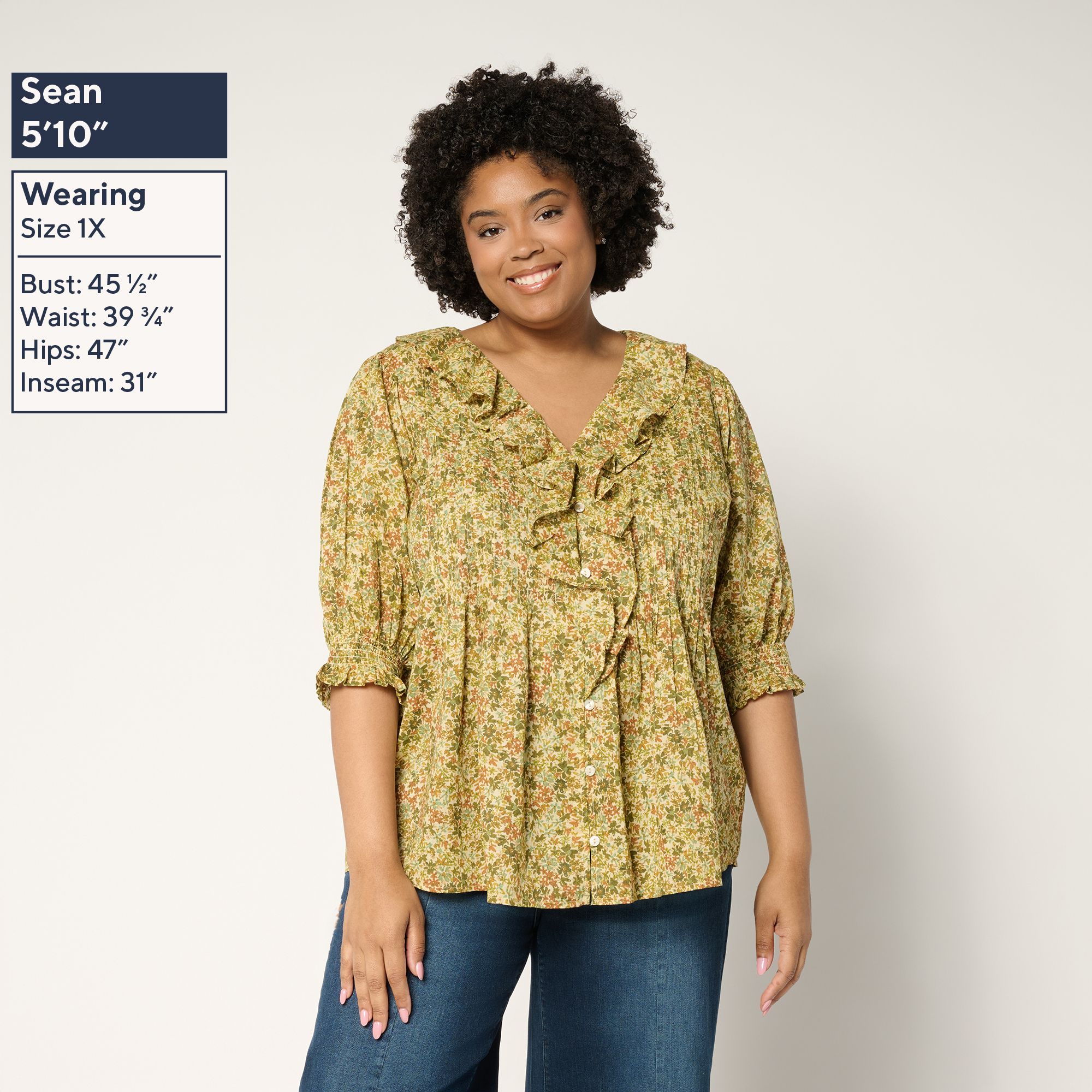 Ree by The Pioneer Woman Printed 100% Cotton Ruffle Front Blouse