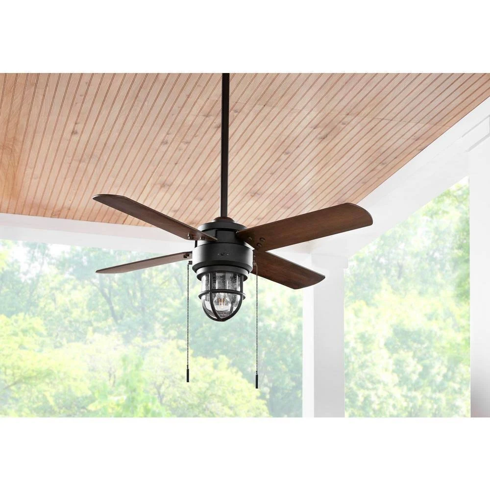 Hampton Bay Cedar Lake 44 in. Indoor/Outdoor LED Matte Black Damp Rated Downrod Ceiling Fan with Light Kit and 4 Reversible Blad
