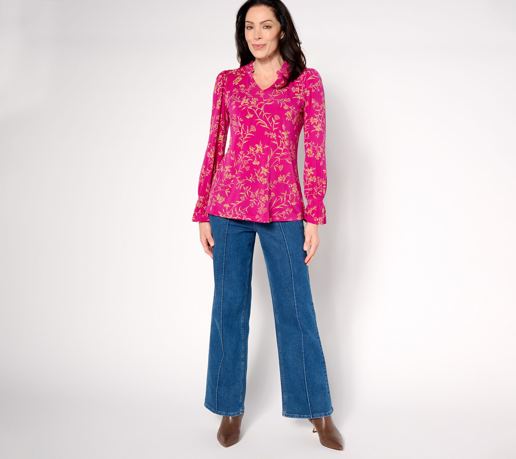 Susan Graver Printed Liquid Knit Bracelet Sleeve Split Neck Top