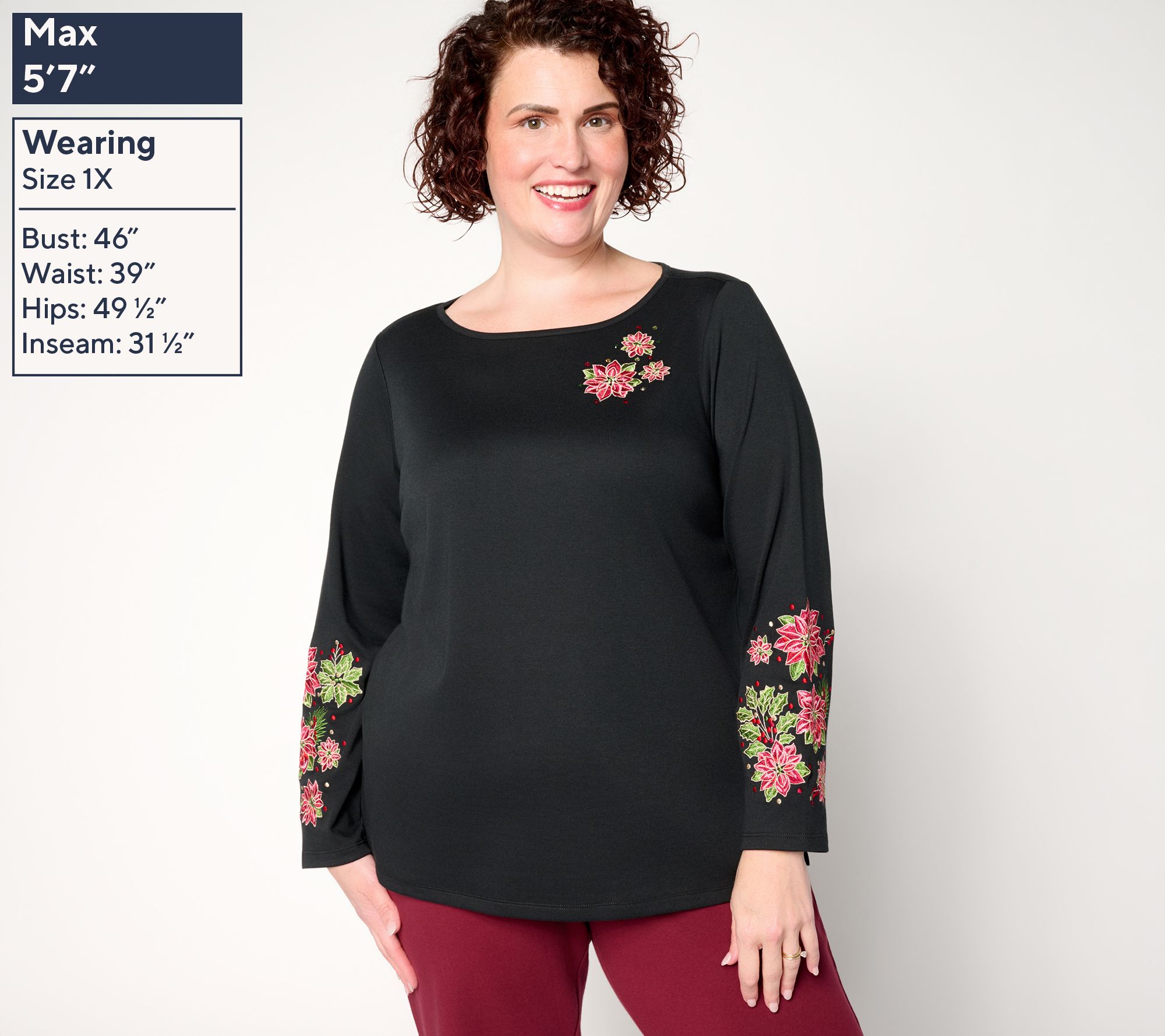 Quacker Factory Poinsettia Floral Bateau Long Sleeves Top