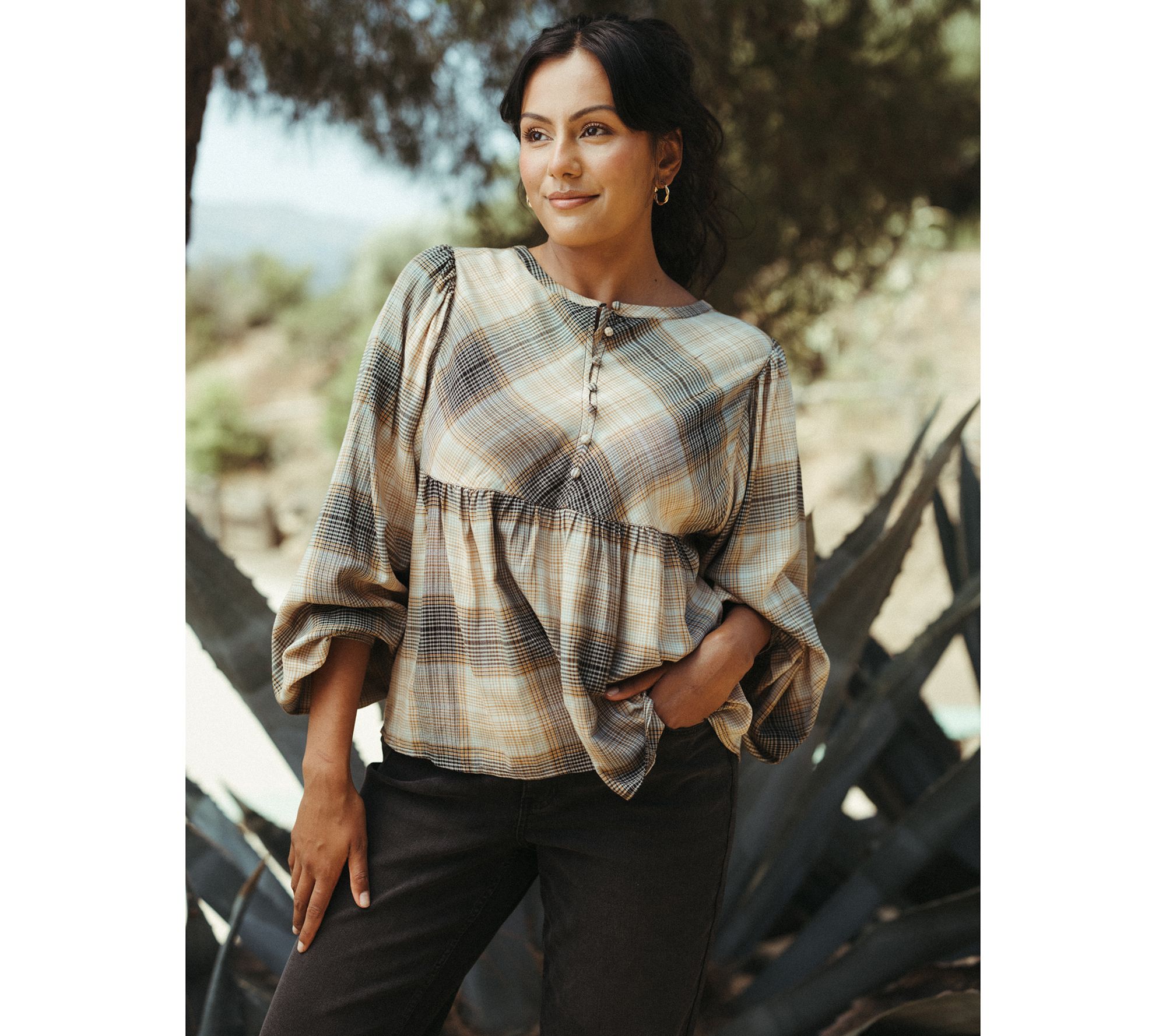Me by Jennie Garth Ynez Drapey Flannel Blouse with Curve Yoke