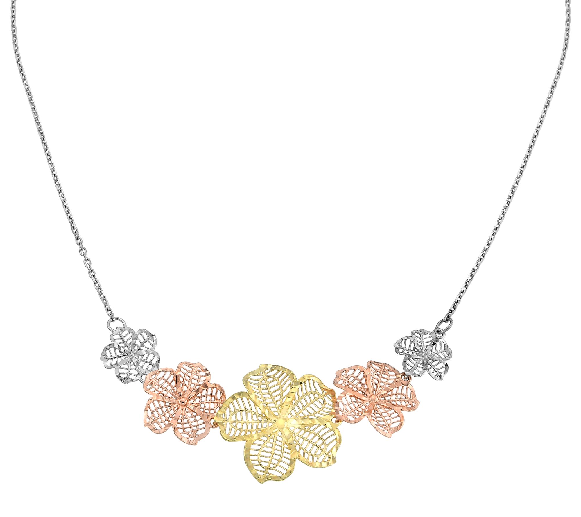 Silver Style Tri-Color Graduated Flower Necklace, Sterling