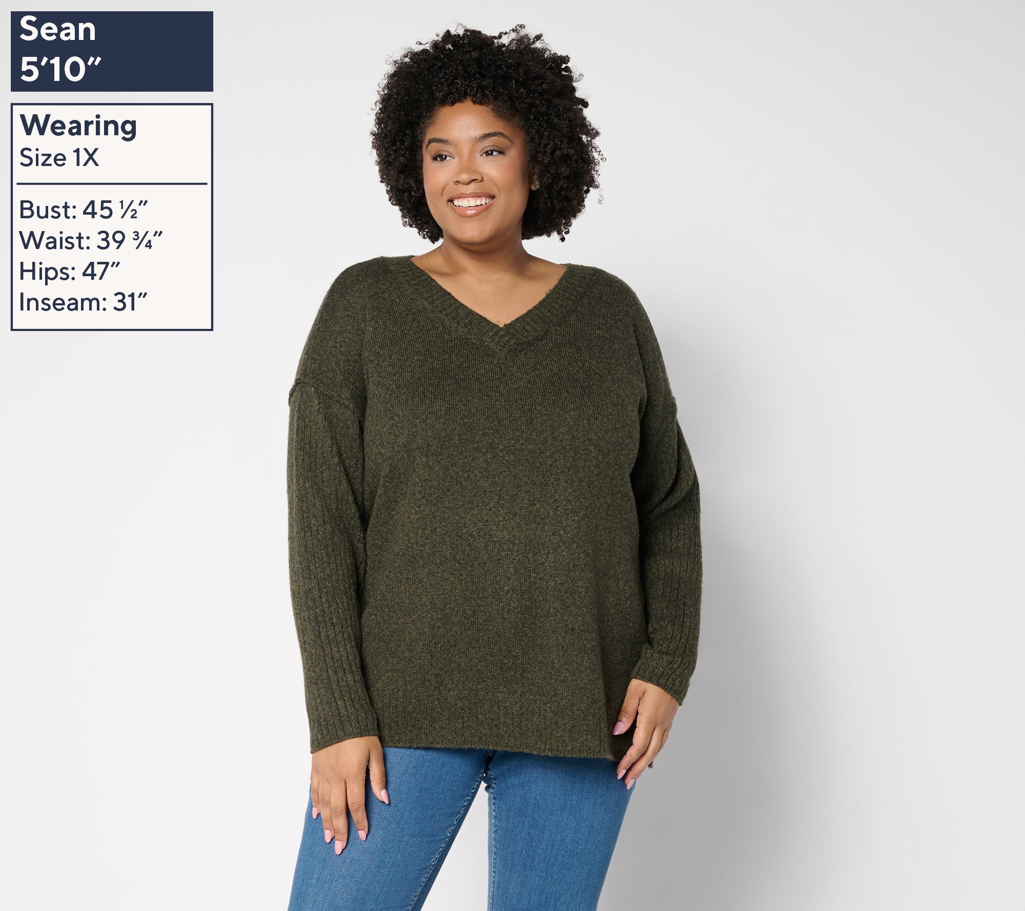 Belle by Kim Gravel Boyfriend Ribbed & Jersey V-Neck Sweater