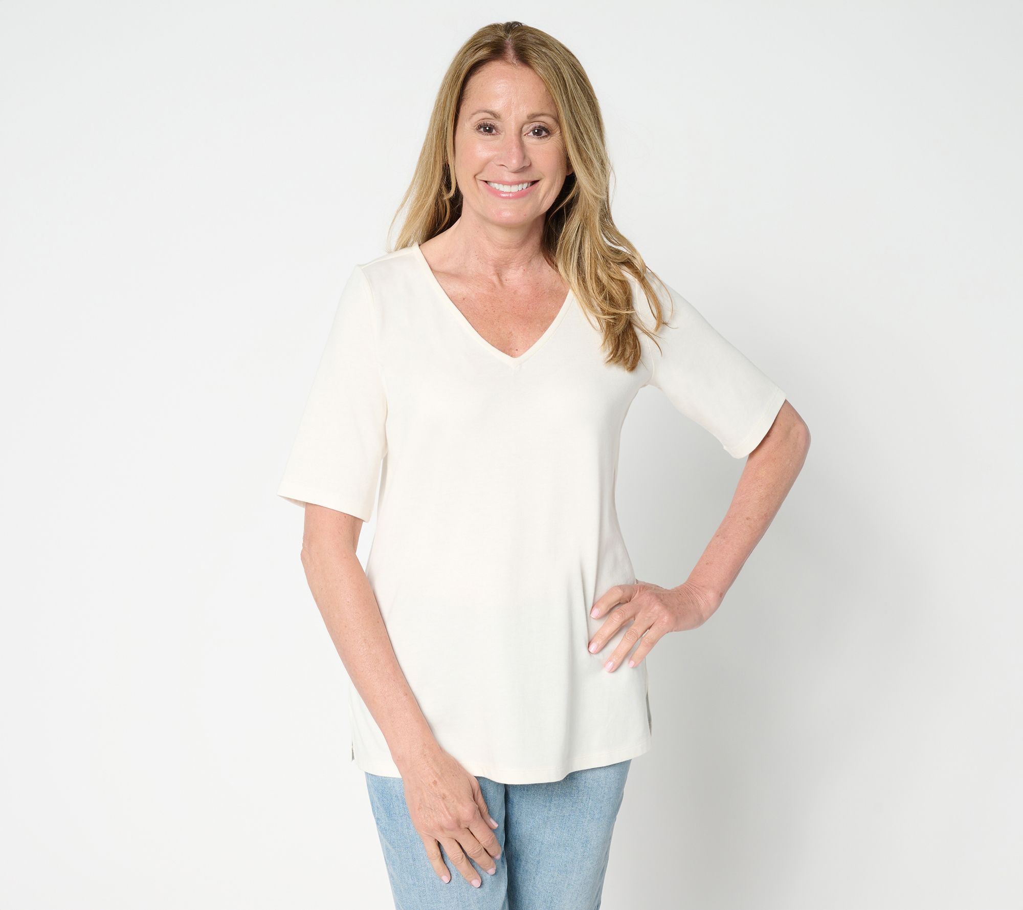 Belle by Kim Gravel Jersey Elbow Sleeve V Neck Top