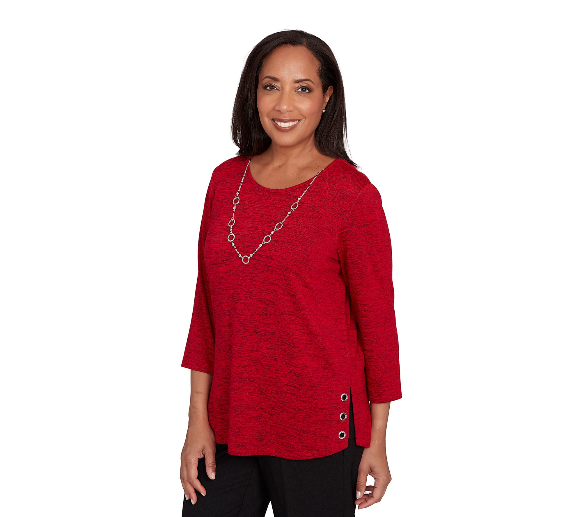 Alfred Dunner Melange Side Button Top with Necklace