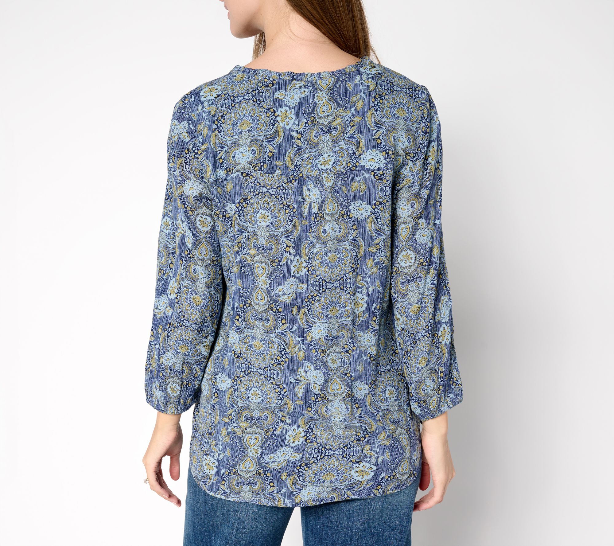 Denim & Co. Printed Bracelet Sleeve Popover Top with Tassels