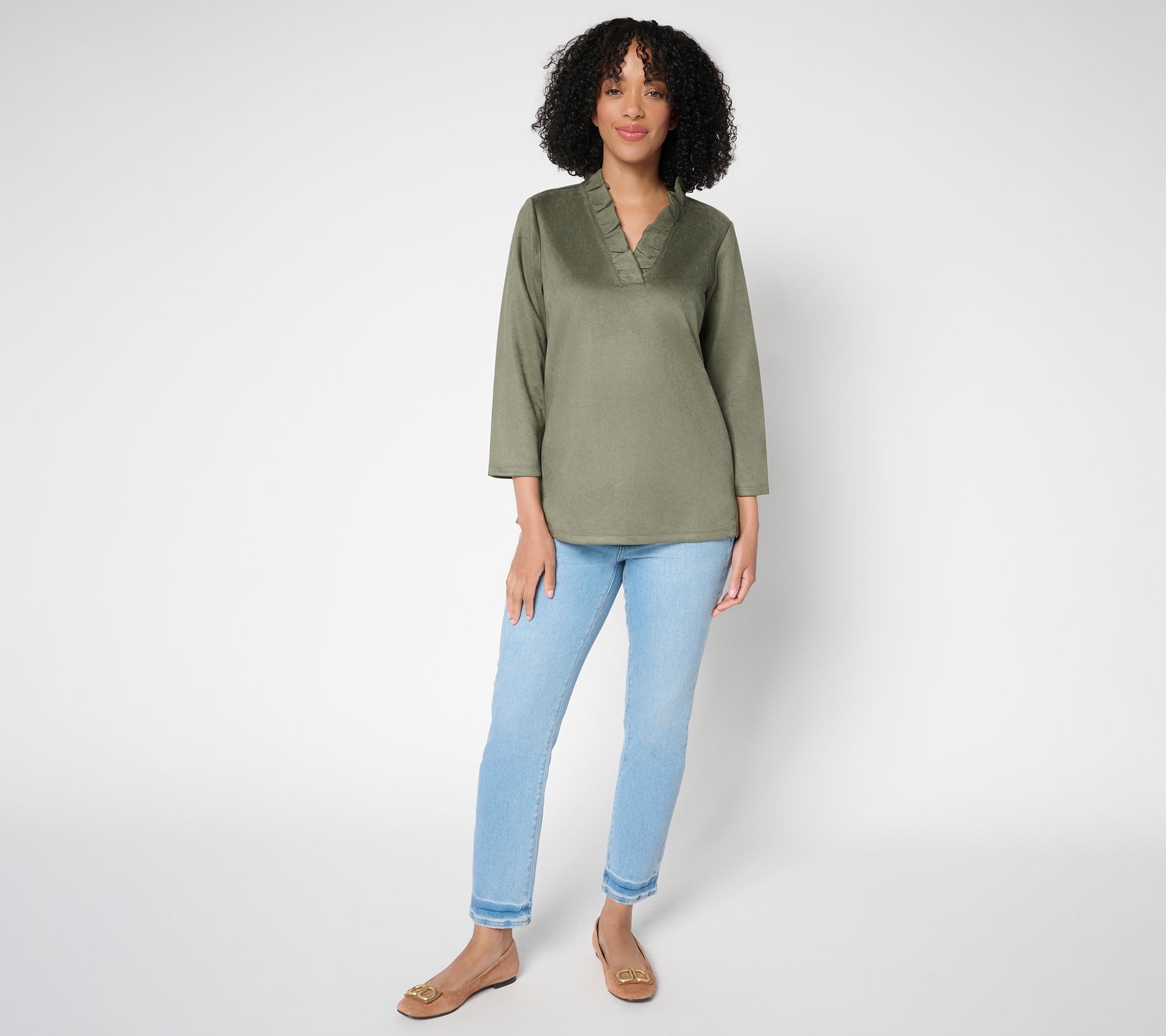 Belle Boho by Kim Gravel PerSuede Me Ruffle Collar V Neck Top