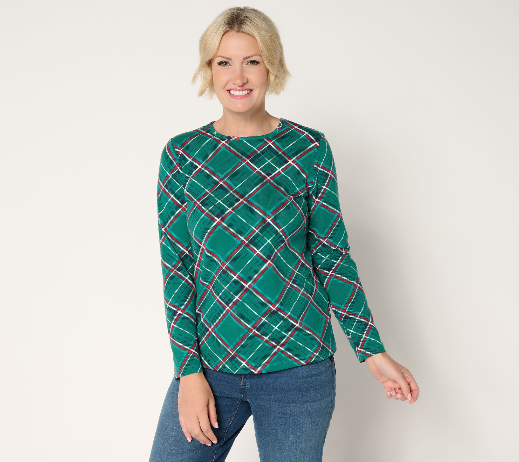 Denim & Co. Plaid Perfect Jersey Crew Neck Top