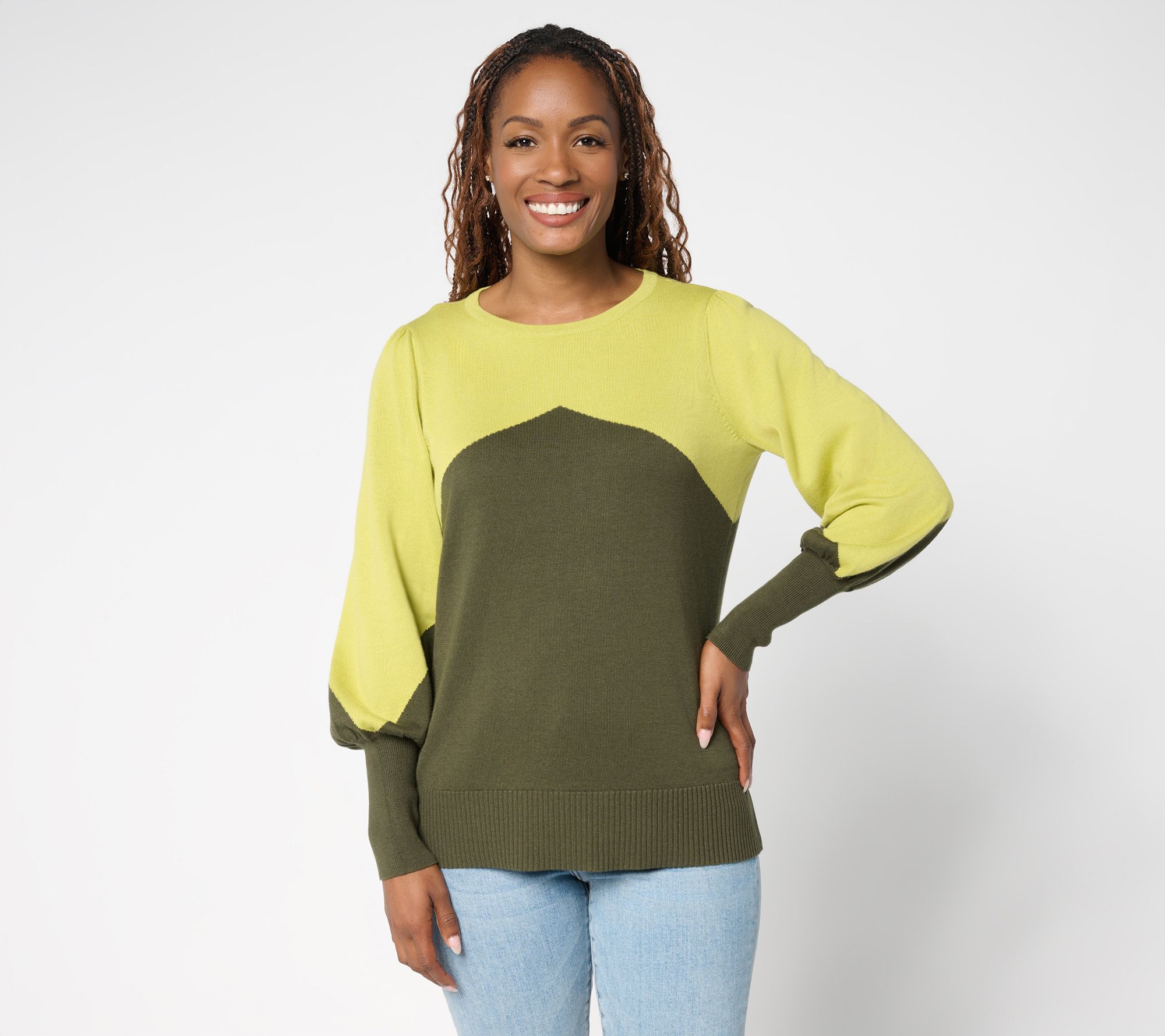 Belle by Kim Gravel Diagonal Color Block Blouson Sweater