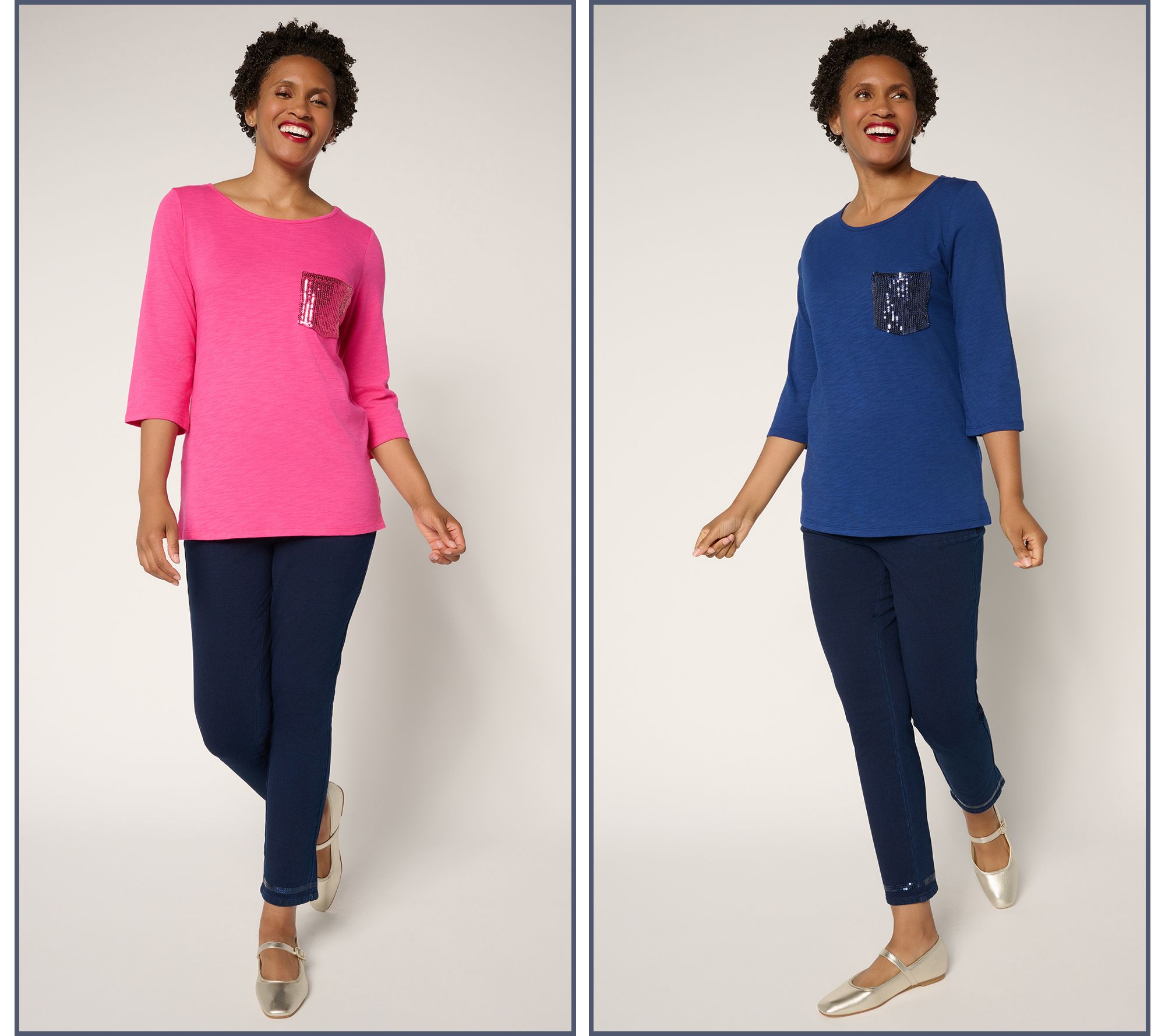 Quacker Factory Set of 2 Sequin Pocket 3/4 Sleeve Tops