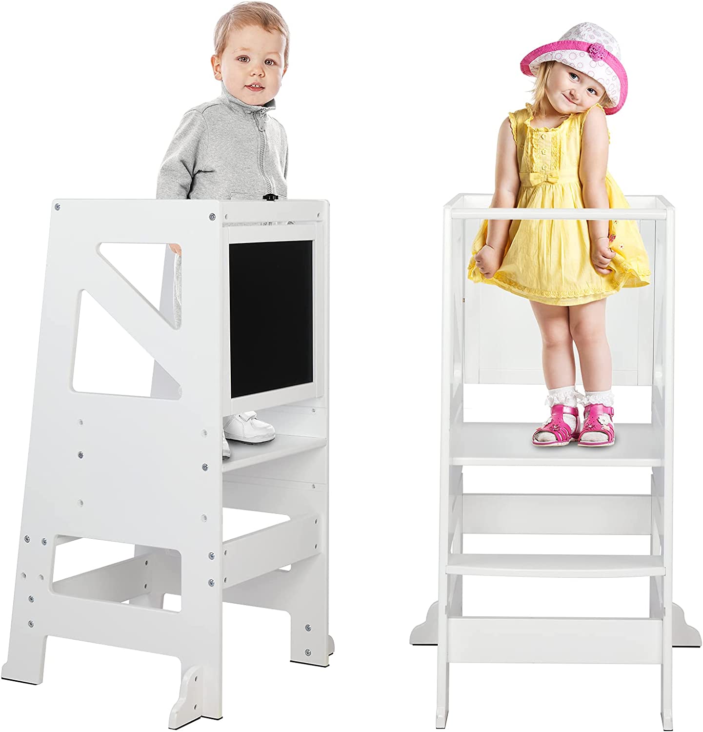 JOYMOR Step Stool for Kids and Toddlers with Adjustable Standing Platform, Chalkboard, Step Tower for Kitchen Counter, Mothers' Helper Kids Learning Stool, White