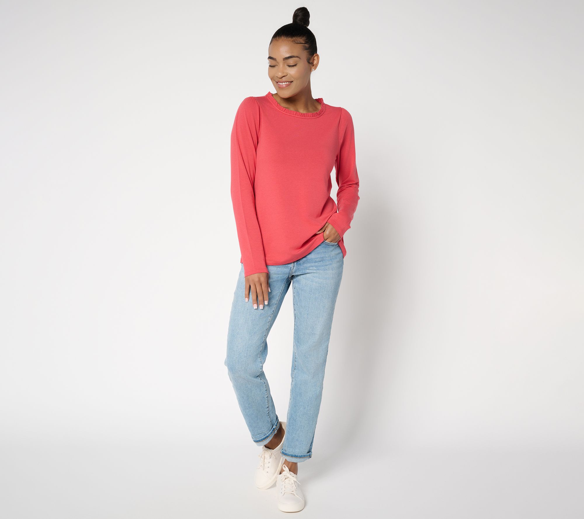 AnyBody Cozy Knit Ruffle Neck Long Sleeve Top