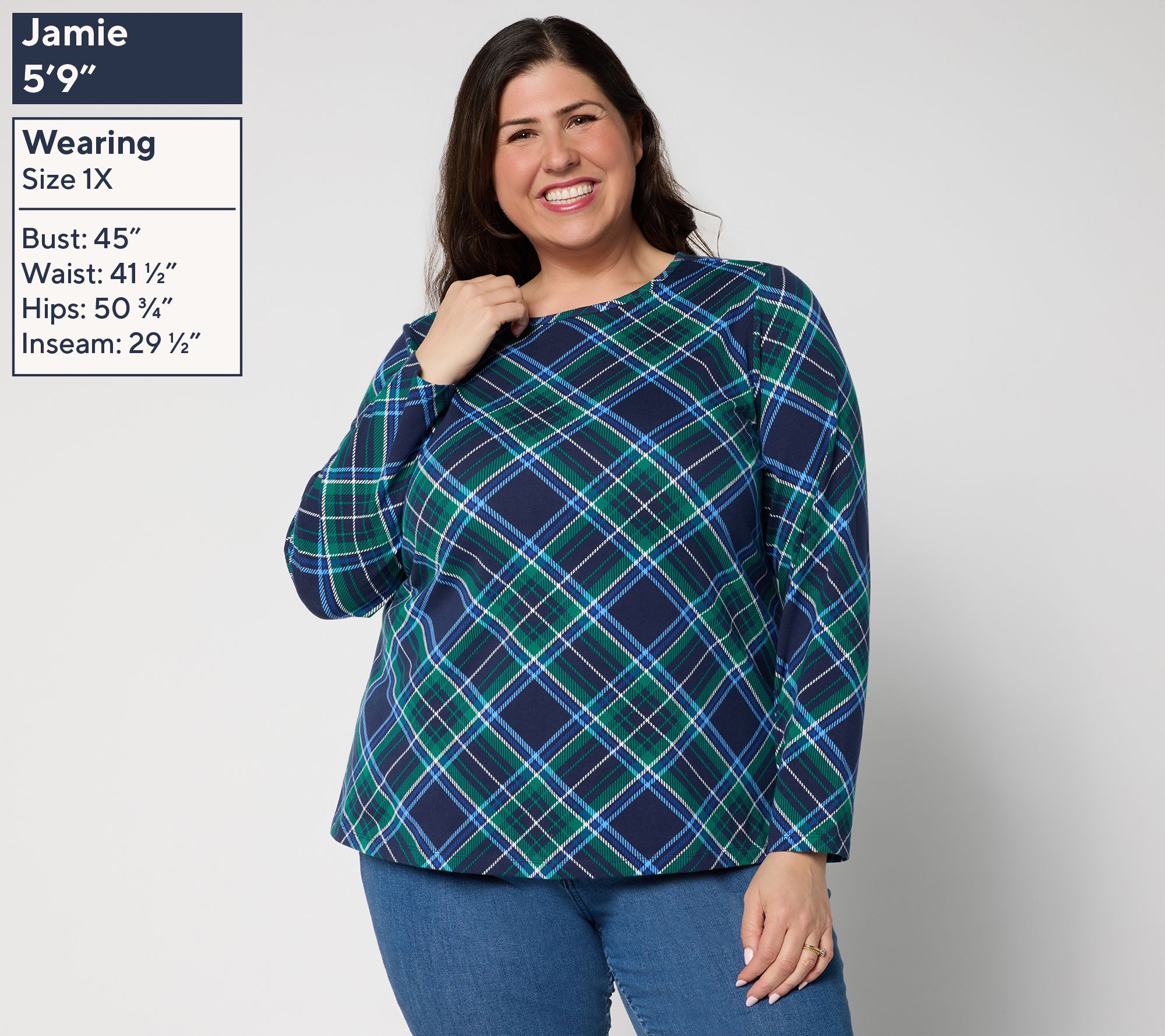 Denim & Co. Plaid Perfect Jersey Crew Neck Top
