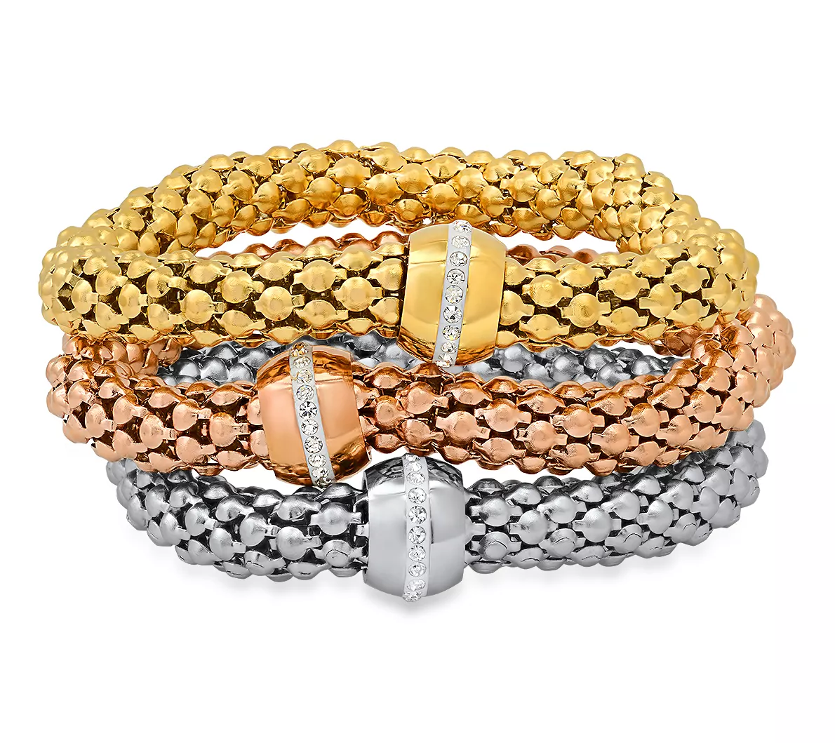 Steel By Design Tri-Tone Cubic Zirconia Mesh Bracelet Set