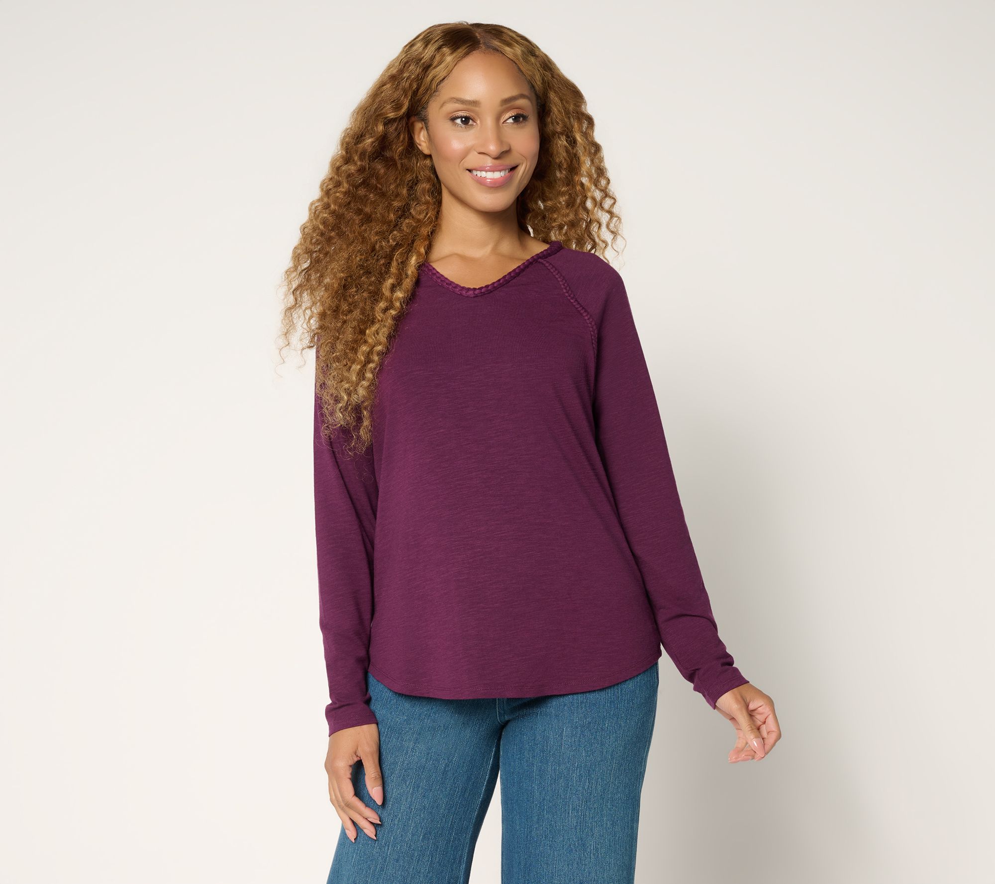 Belle Boho by Kim Gravel Slub Knit Braided Raglan V-Neck Top