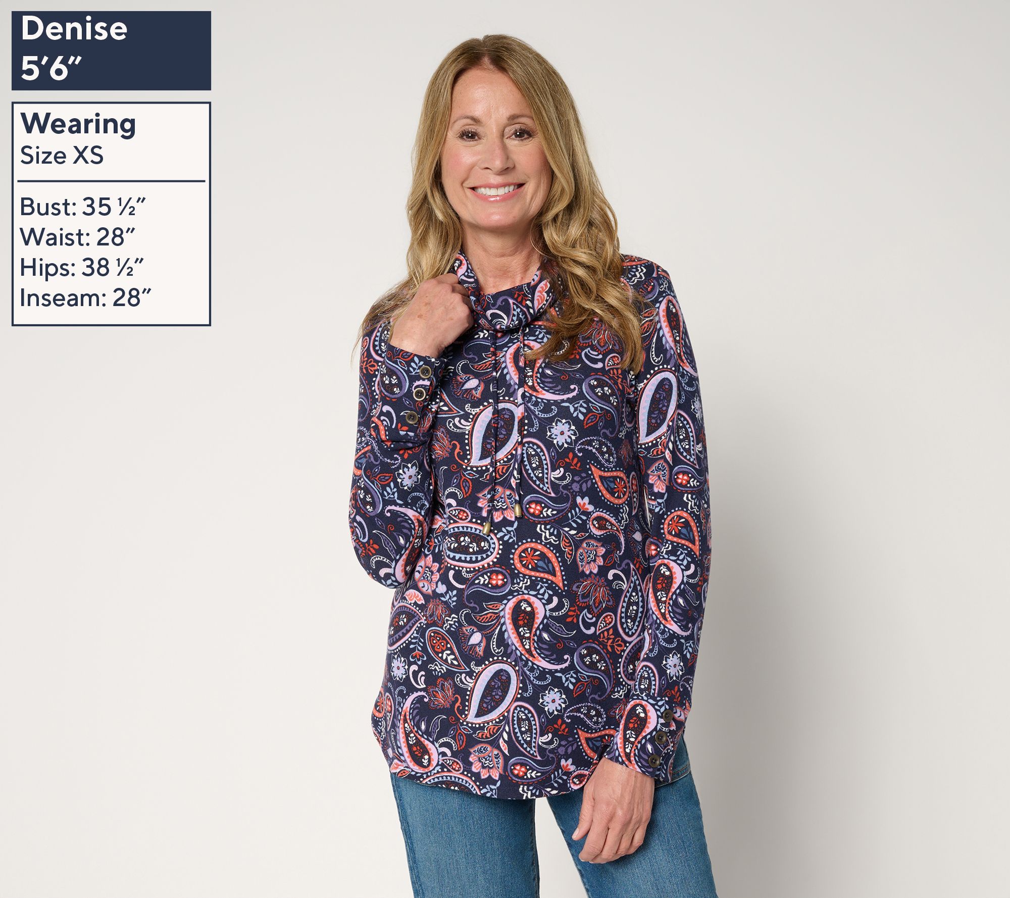 Denim & Co. Heavenly Jersey Funnel Neck Printed Top w/ Cuff Detail