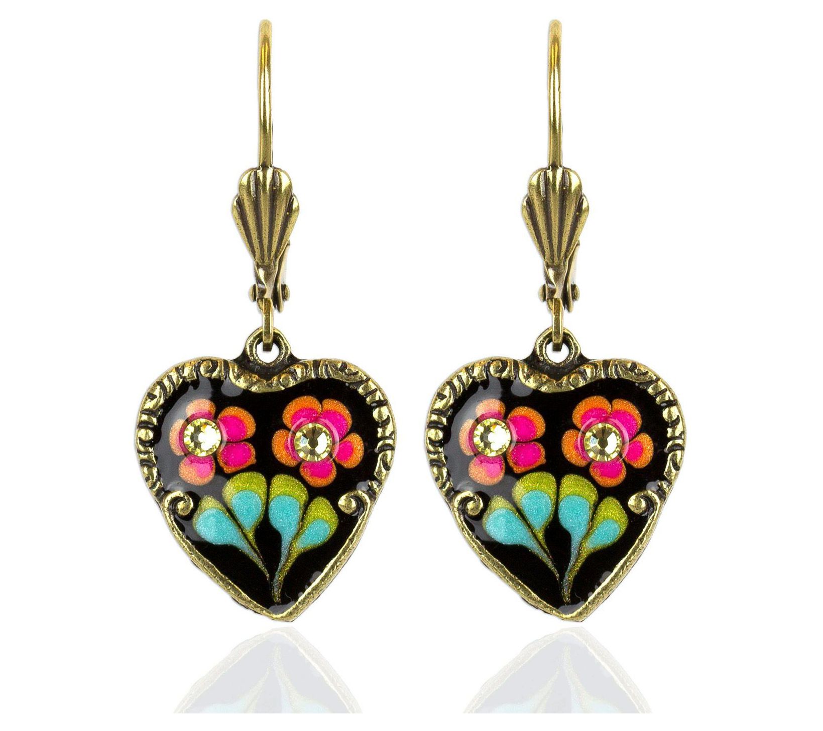 Anne Koplik Garden Floral Black Heart Dangle Earrings