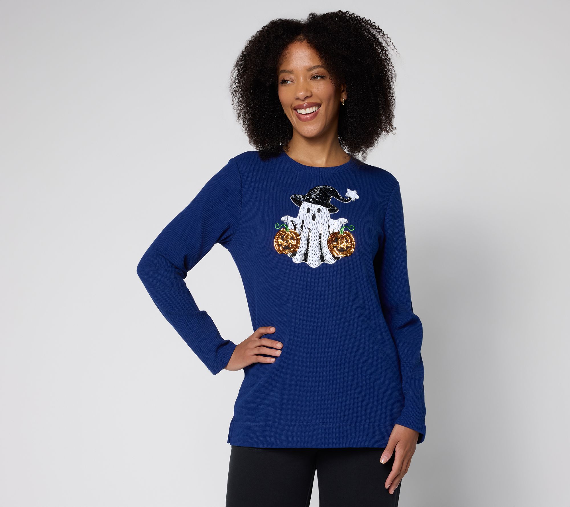 Quacker Factory If the Hat Fits Sequin Waffle Knit Top