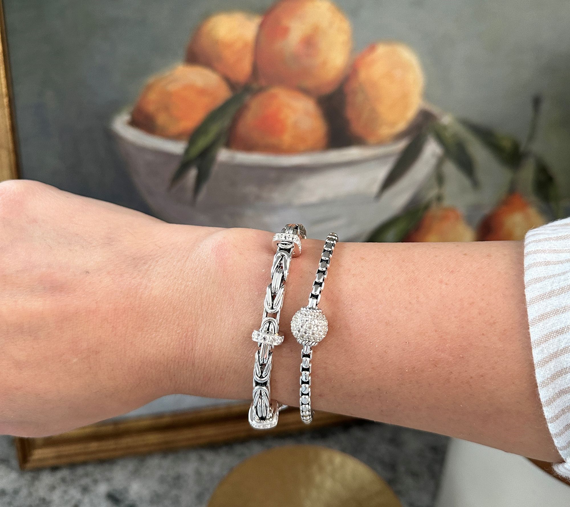 JAI Sterling Silver 5.1mm Byzantine & Pave Gemstone Bracelet