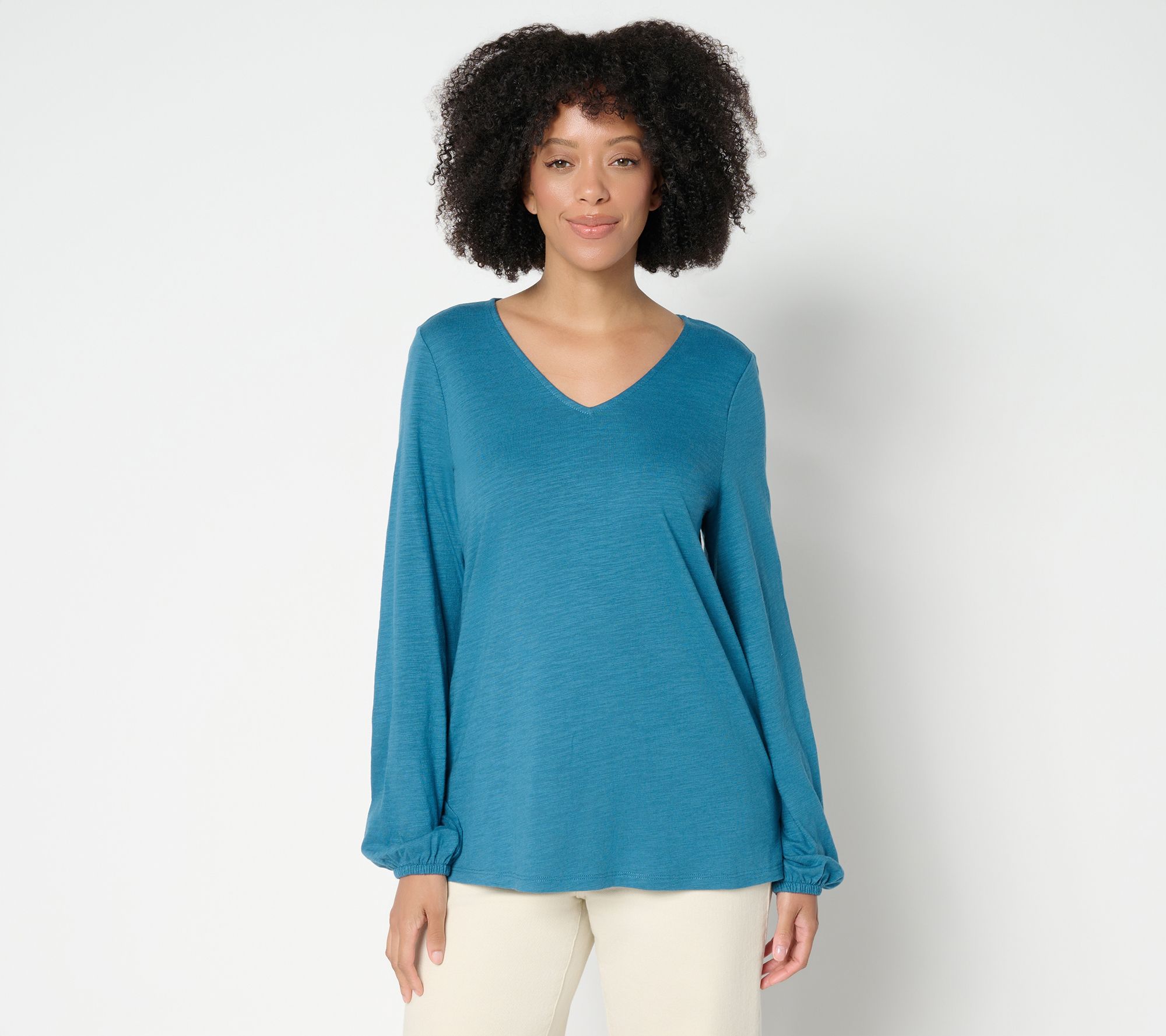 Belle by Kim Gravel Slub Knit V Neck Blouson Sleeve Top