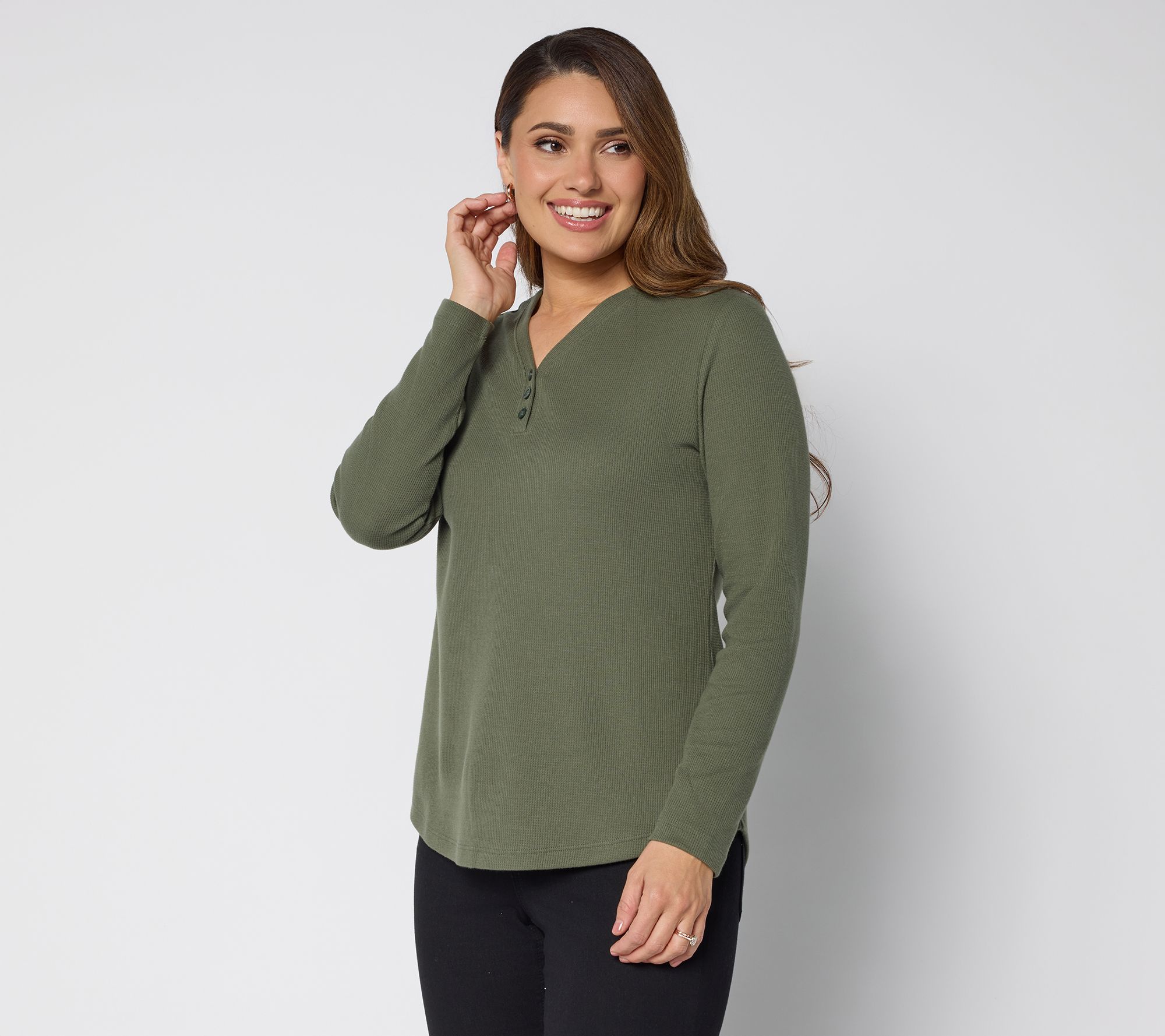 Denim & Co. Essentials Waffle Knit Y-Neck Henley Top