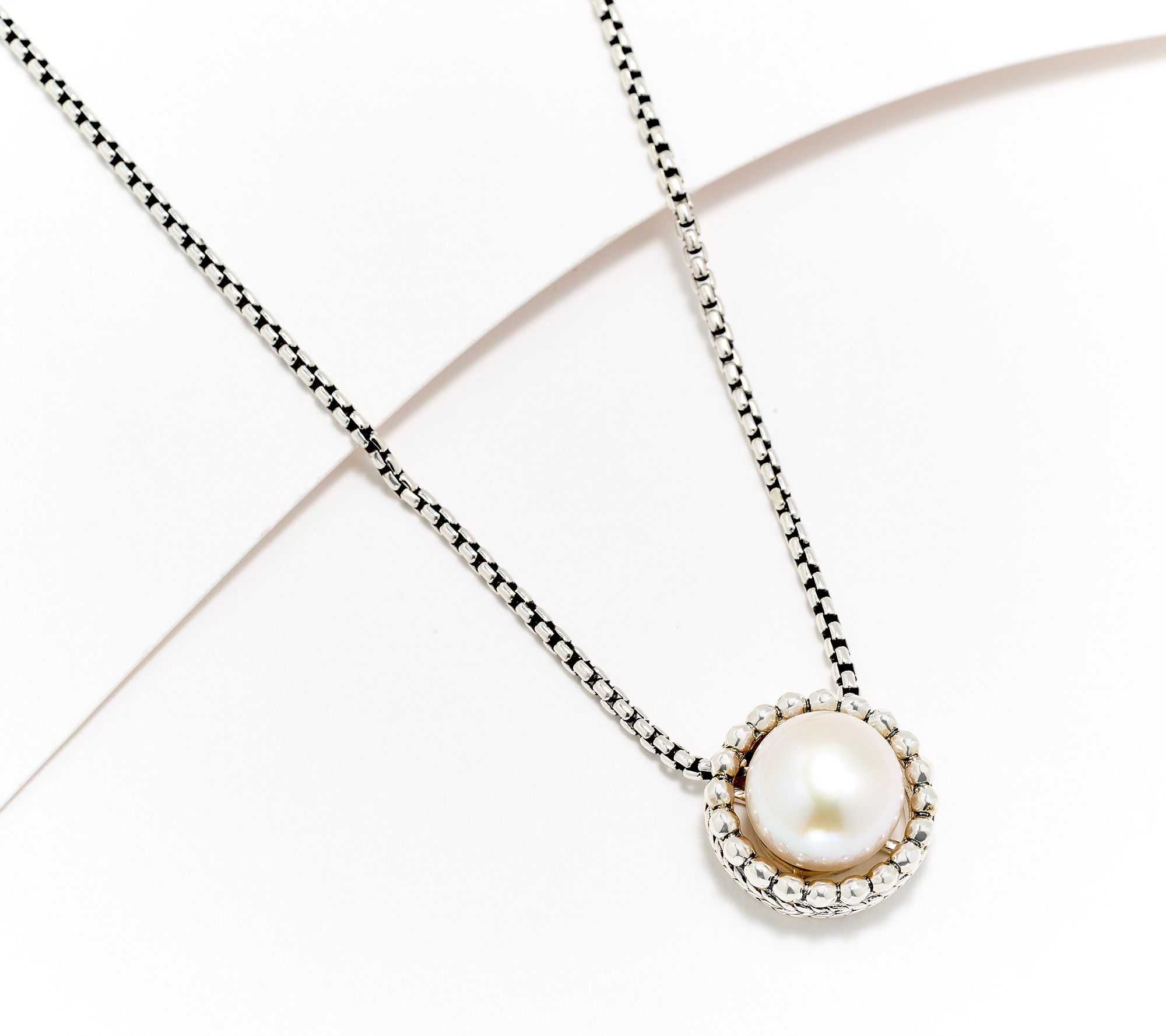 JAI Sterling Silver 1.6mm Baby Box Chain Cultured Pearl Necklace