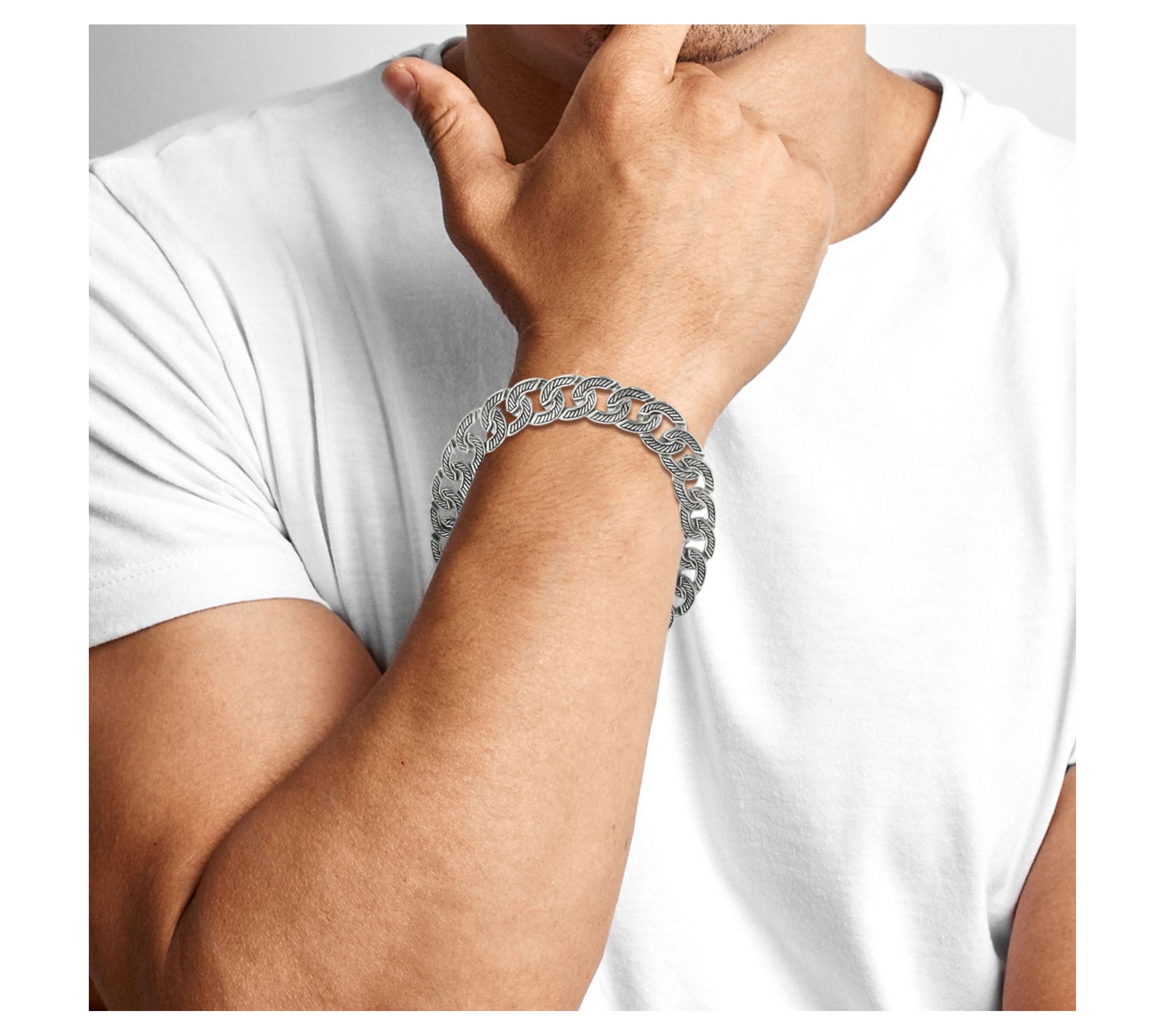 Yield of Men Sterling Silver Ribbed Detail CurbChain Bracelet