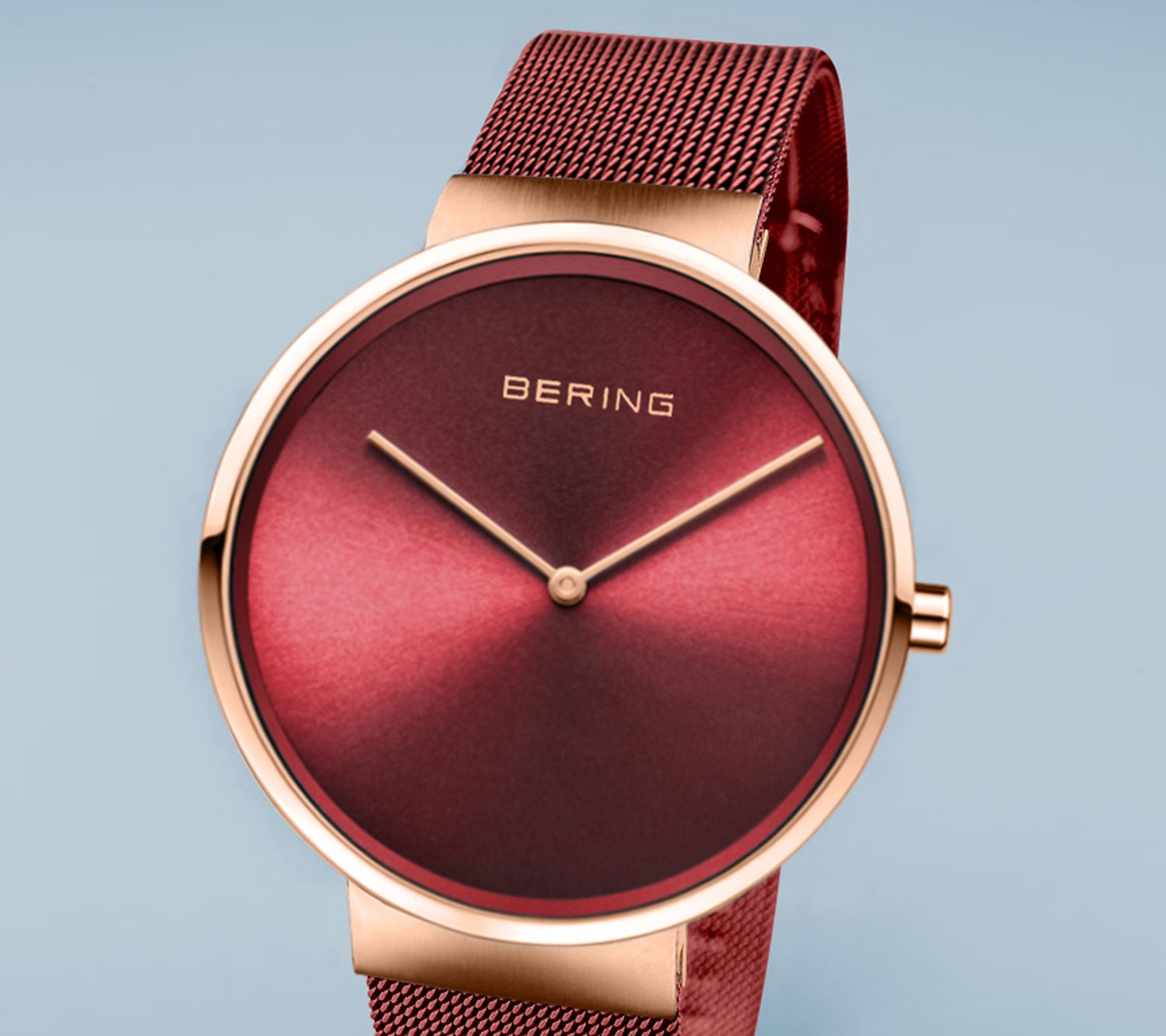 Bering Unisex Red Sunray Dial Milanese BraceletWatch