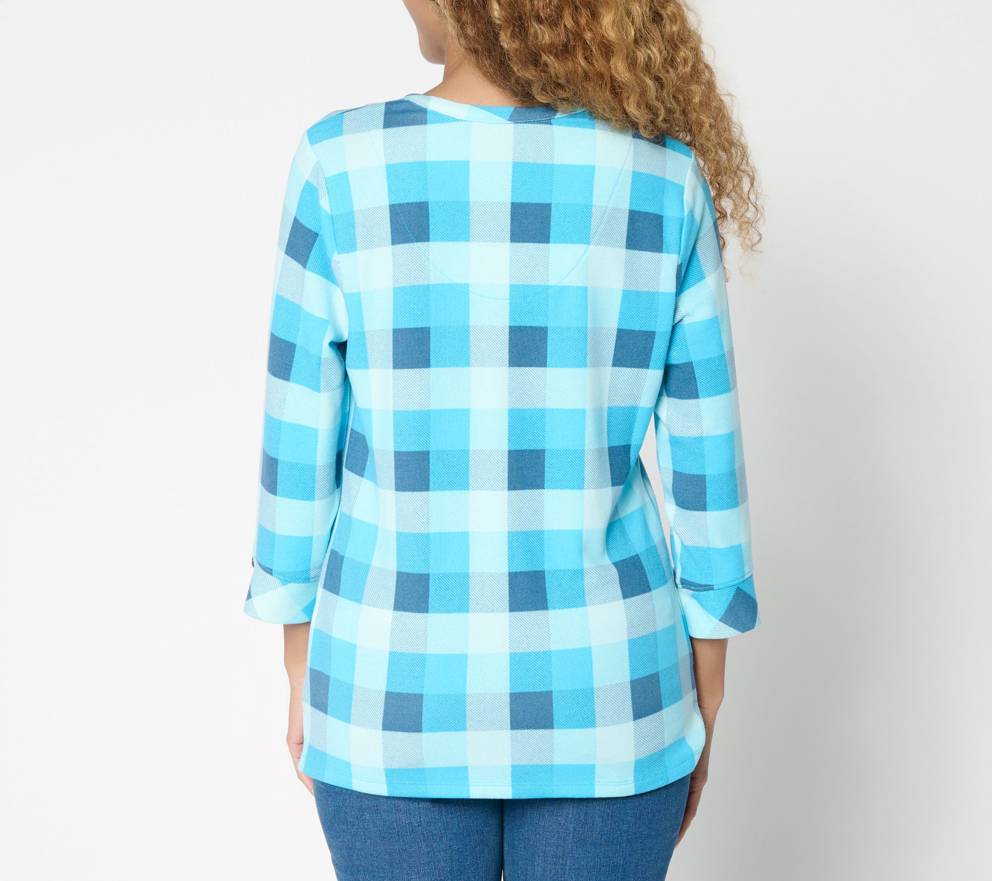 Denim & Co. Heavenly Jersey 3/4 Sleeve Plaid Henley Top